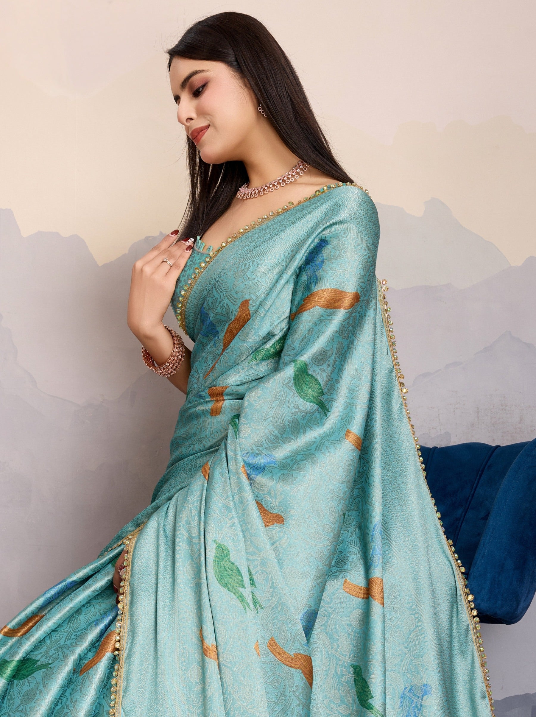 Sky Blue Premium Mysore Silk Designer Saree - TrendOye