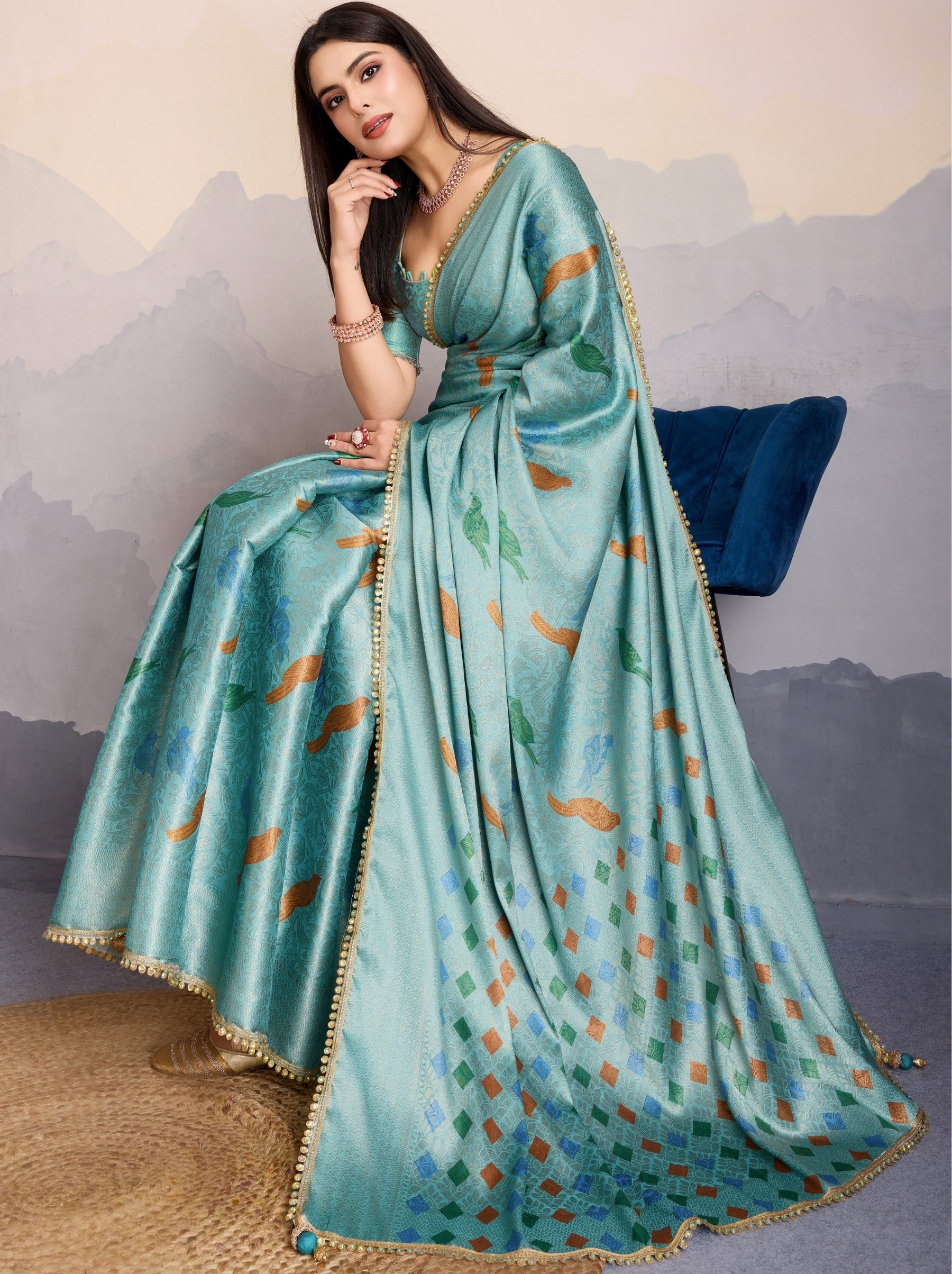 Sky Blue Premium Mysore Silk Designer Saree - TrendOye