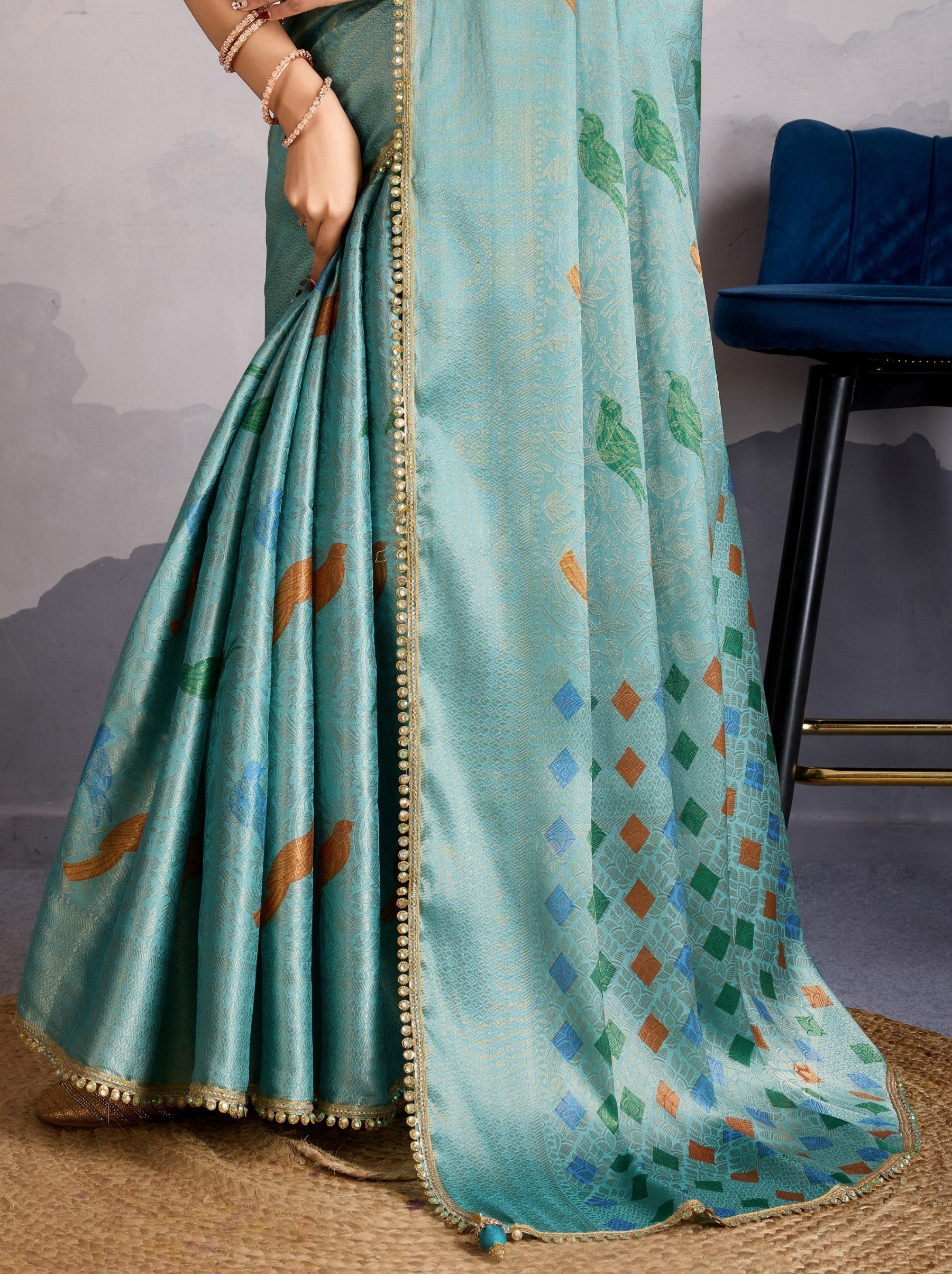 Sky Blue Premium Mysore Silk Designer Saree - TrendOye