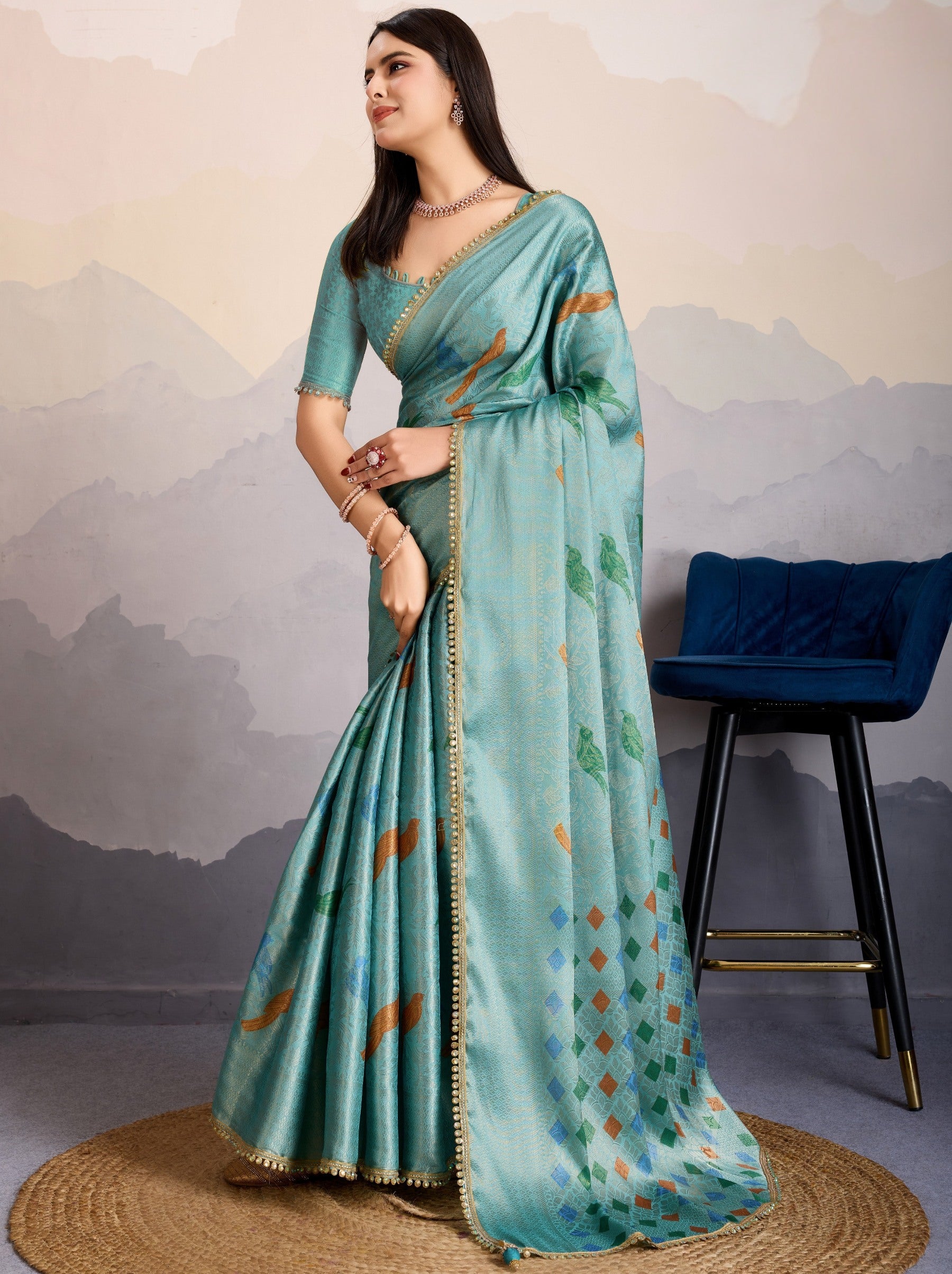 Sky Blue Premium Mysore Silk Designer Saree - TrendOye