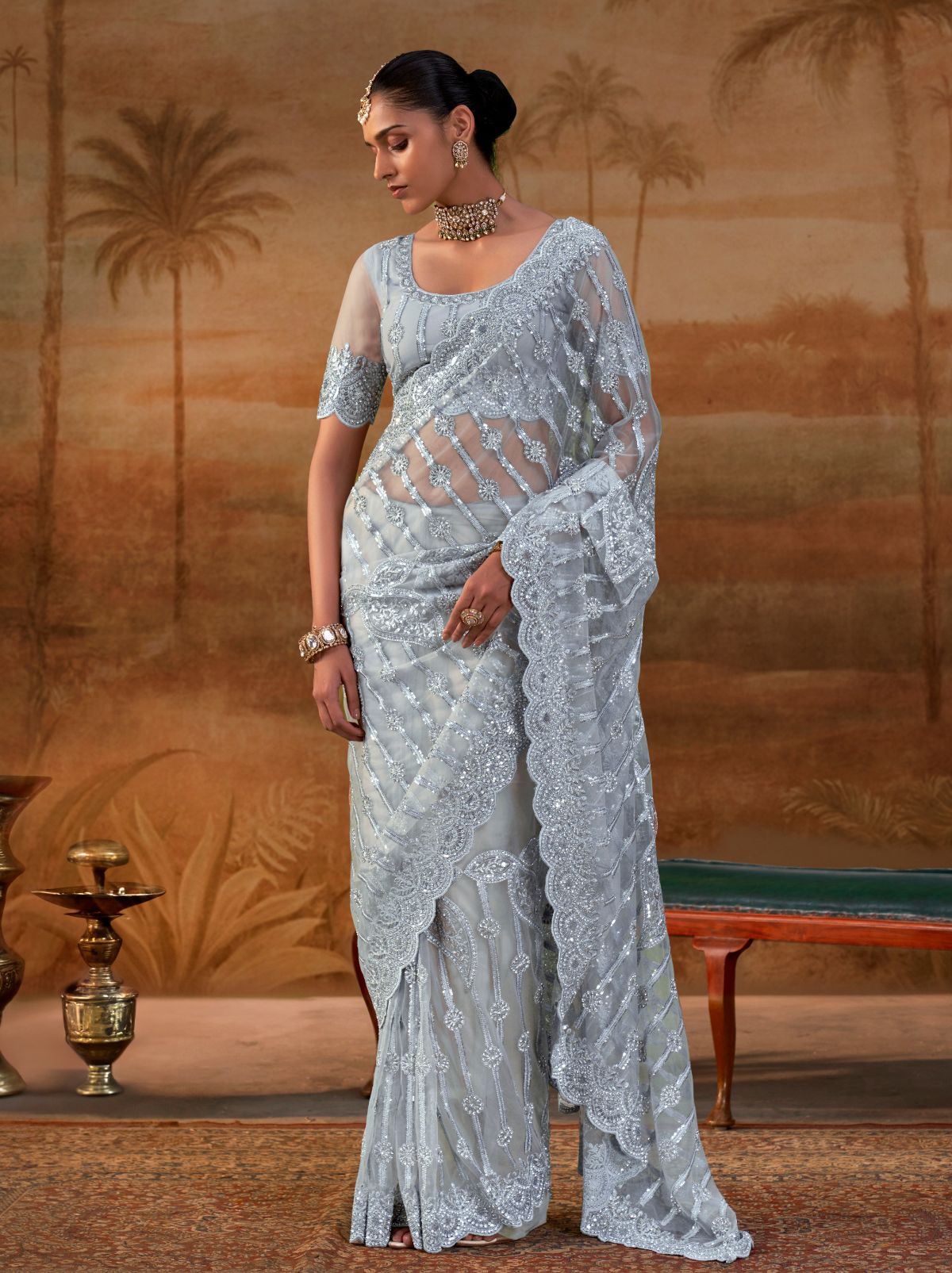 Powder Blue Premium Net Saree with Heavy Embroidery & Zarkan Work