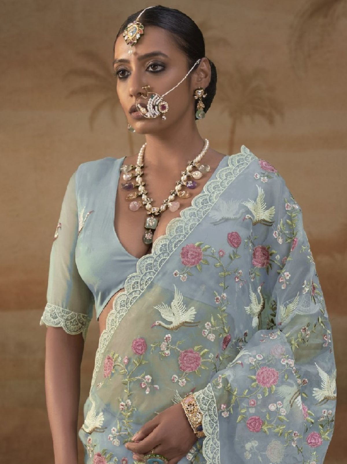Baby Blue Premium Organza Silk Saree with Floral Embroidery