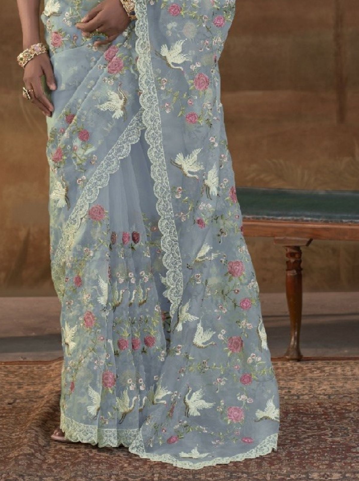 Pastel Blue Premium Organza Silk Saree with Floral Embroidery