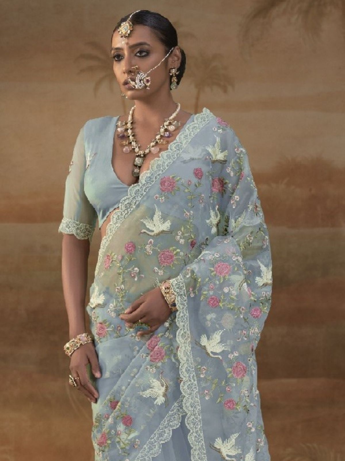Pastel Blue Premium Organza Silk Saree with Floral Embroidery