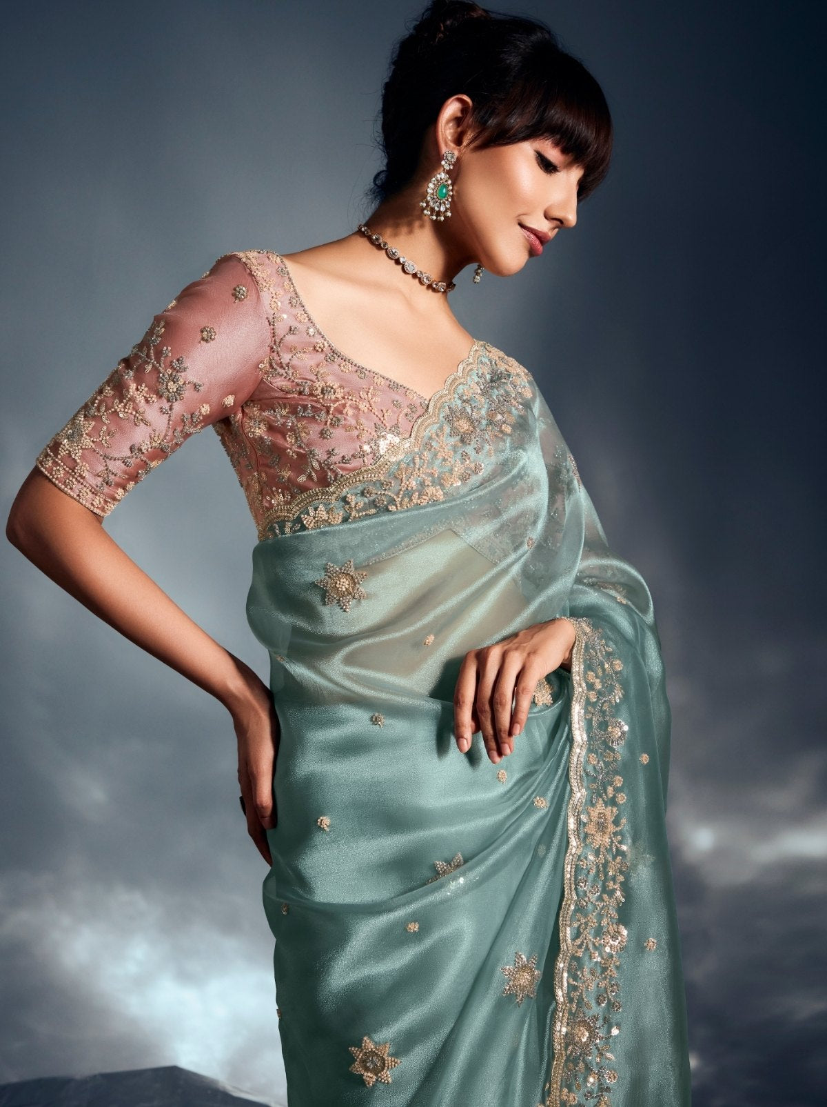 Baby Blue Tissue Organza Wedding Saree With Blouse Piece