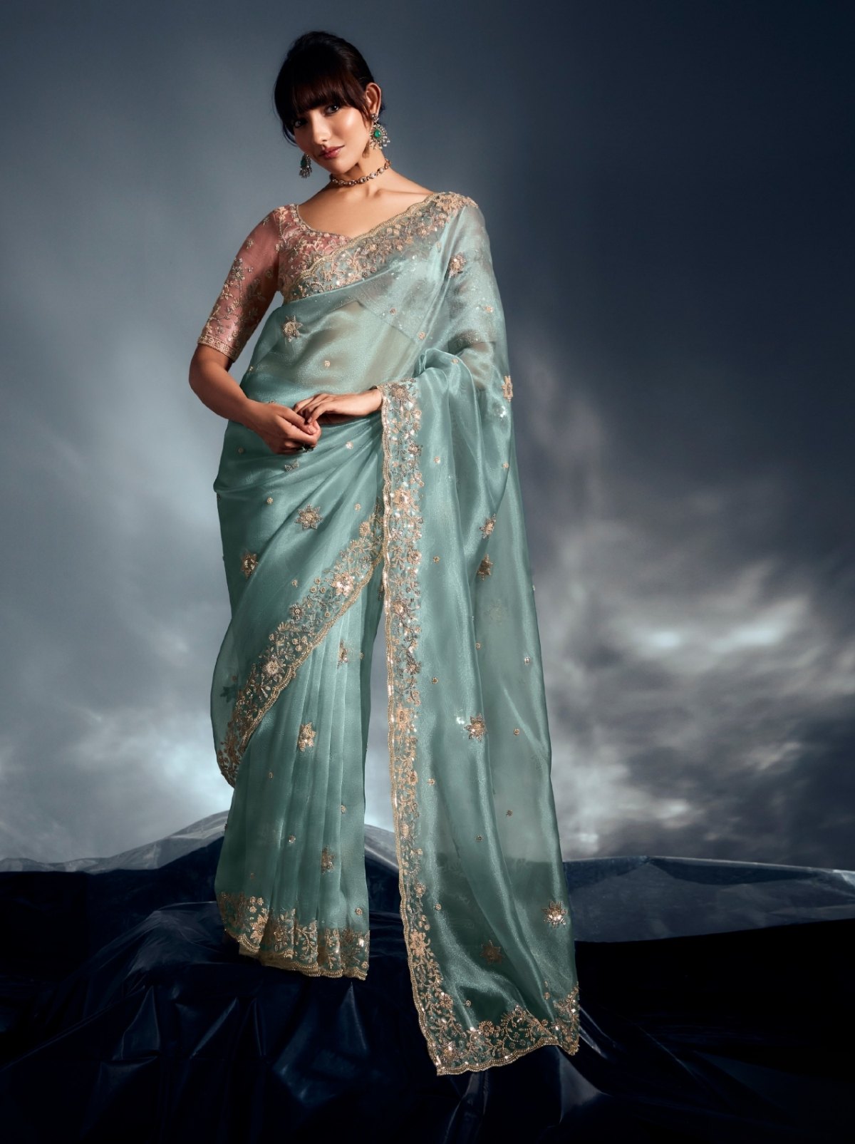 Baby Blue Tissue Organza Wedding Saree With Blouse Piece