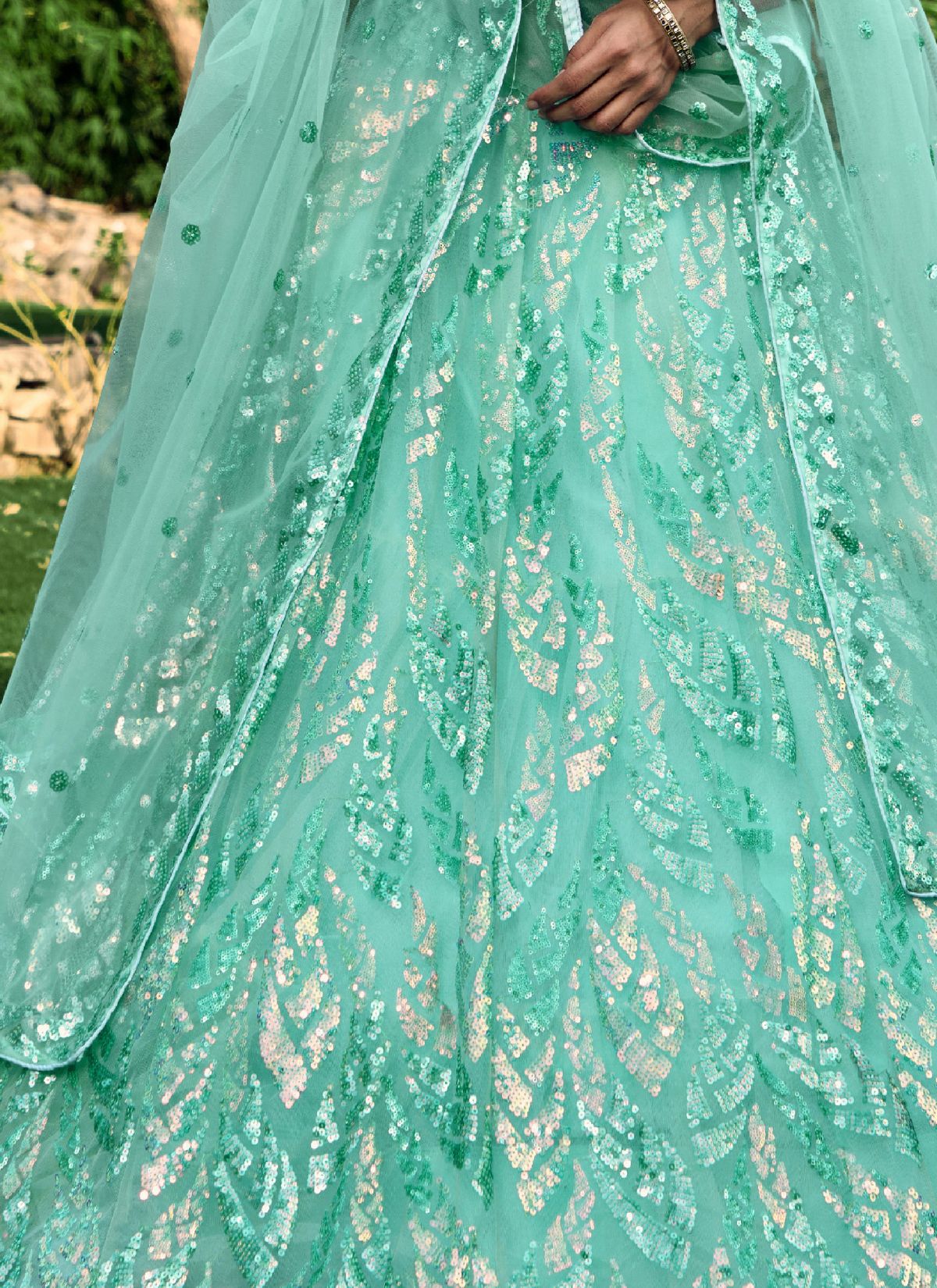 Turquoise Blue Premium Party Lehenga Set With Sequin Work - TrendOye