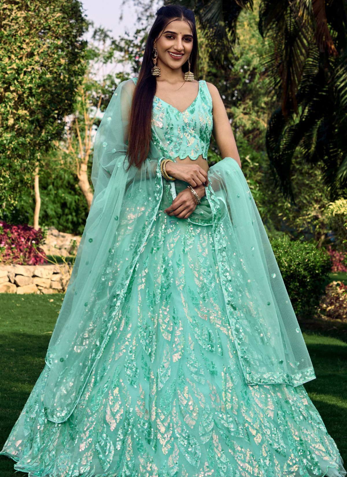 Turquoise Blue Premium Party Lehenga Set With Sequin Work - TrendOye