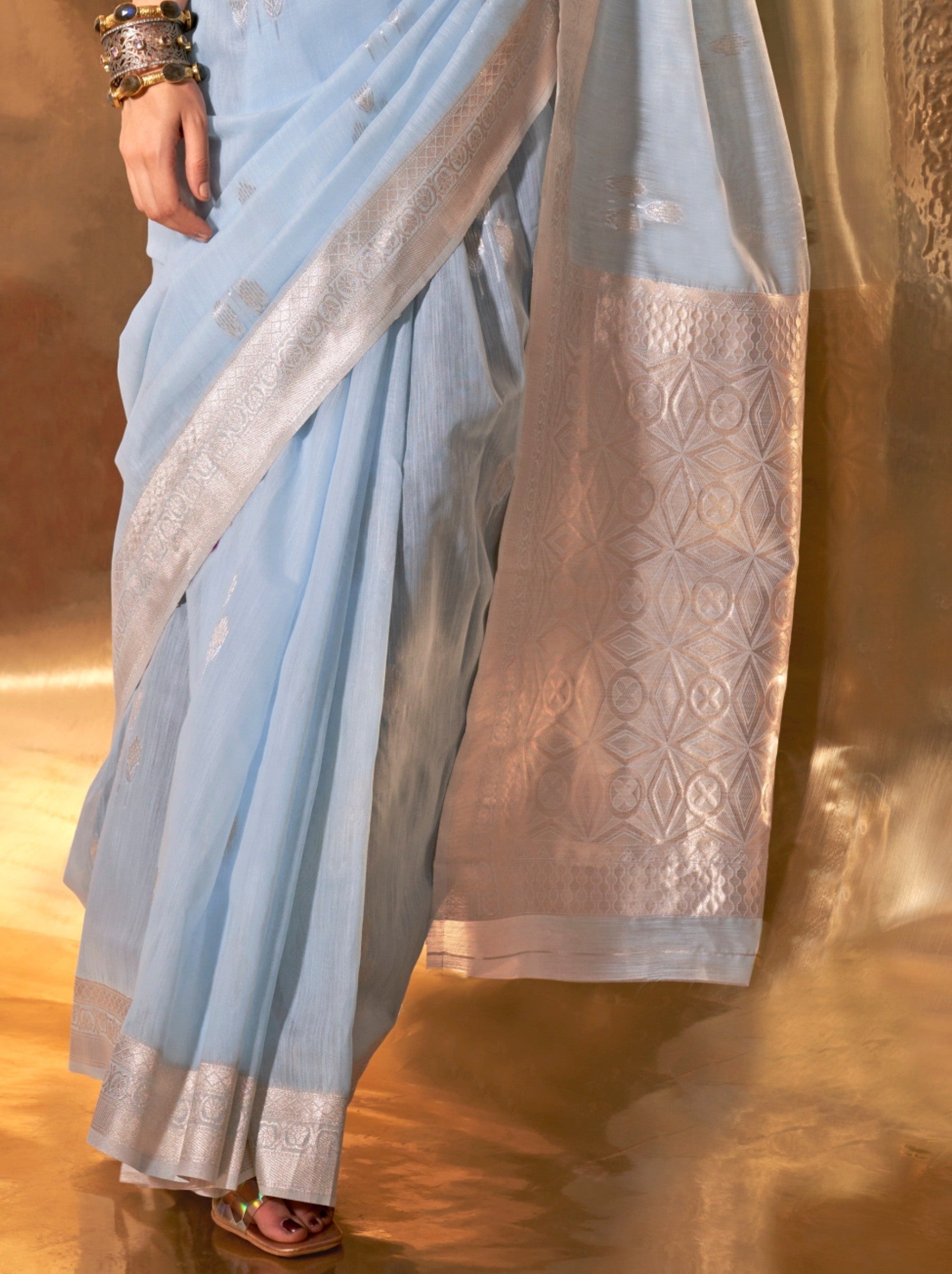 Sky Blue Designer Linen Silk Saree With Blouse Piece