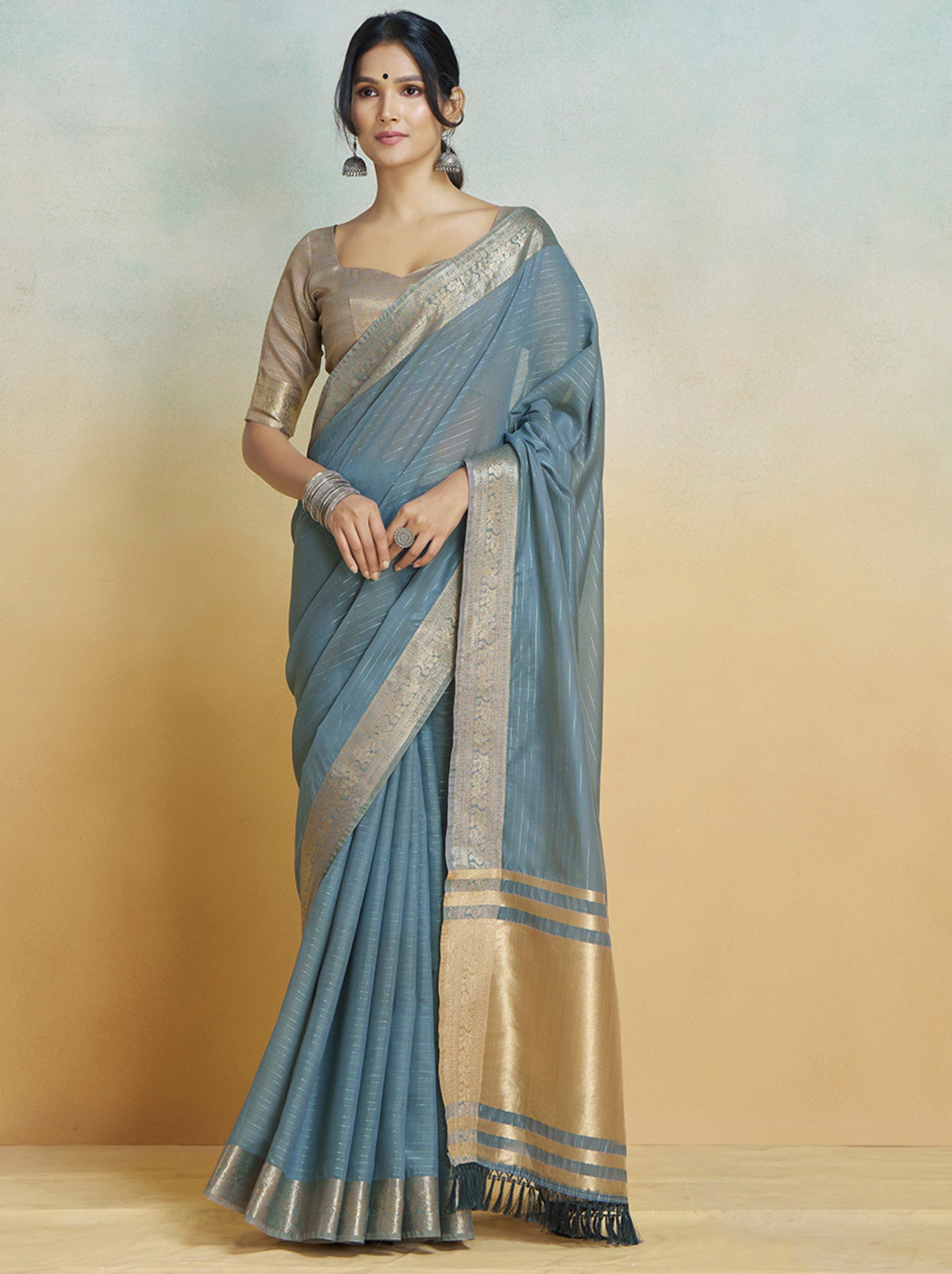 Air Force Blue Handloom Silk Saree With Blouse Piece