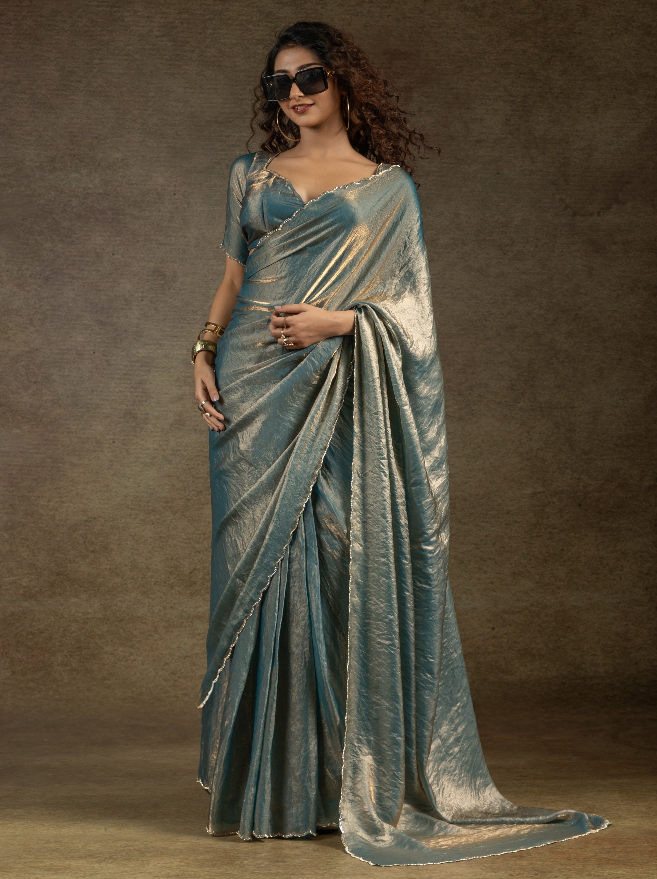Air Force Blue Designer Ready to Wear Party Saree With Stone Work