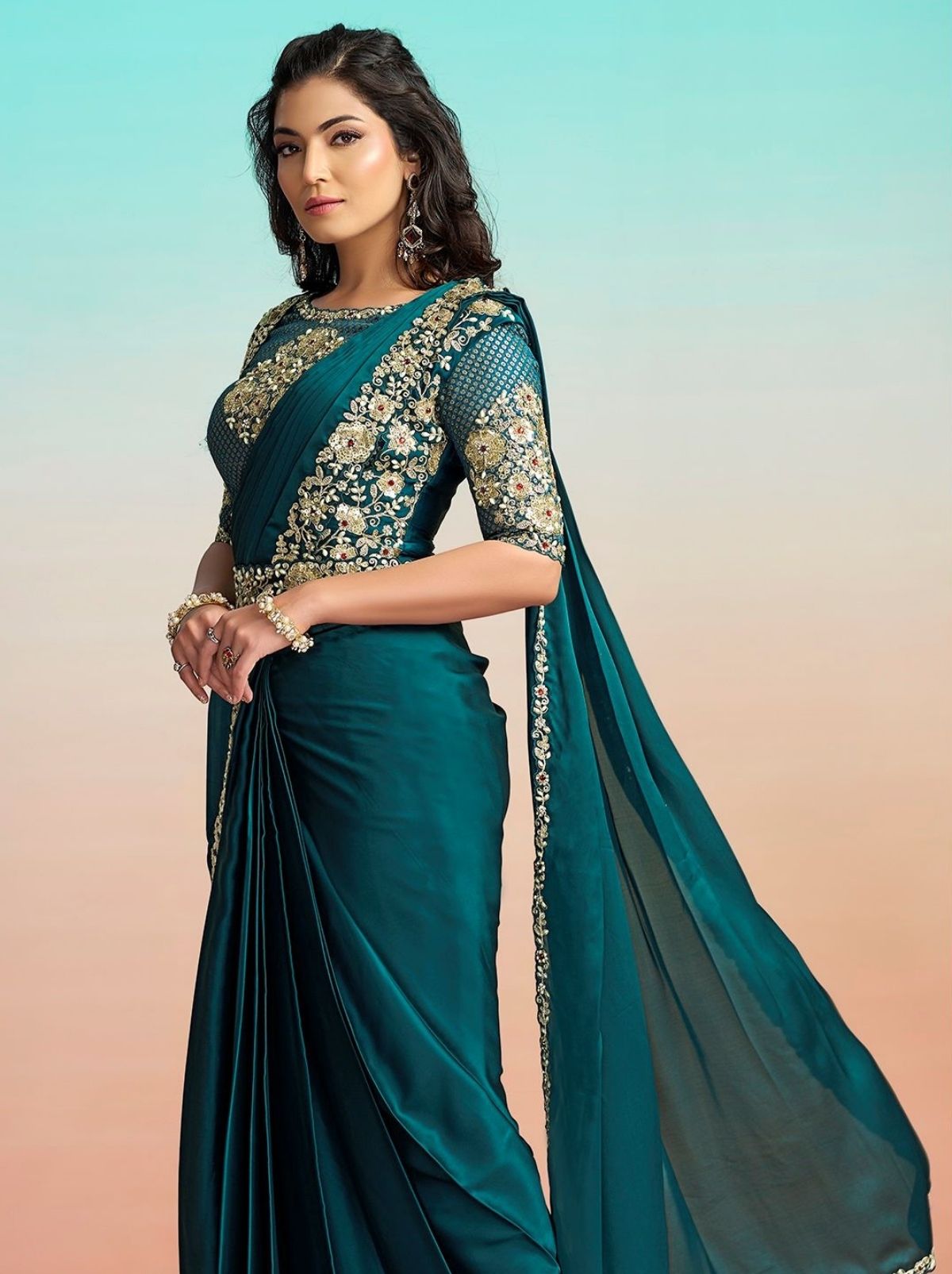 Teal Blue Premium Satin Silk Ready to Wear Saree with Belt