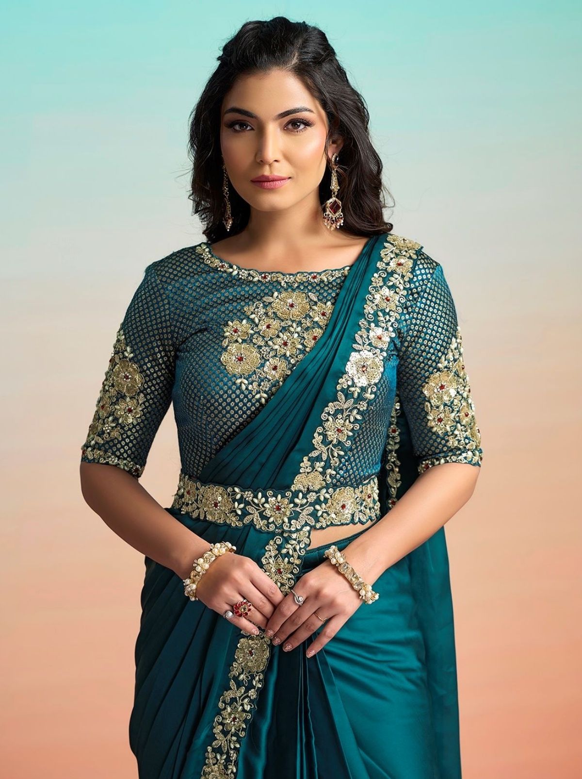 Teal Blue Premium Satin Silk Ready to Wear Saree with Belt