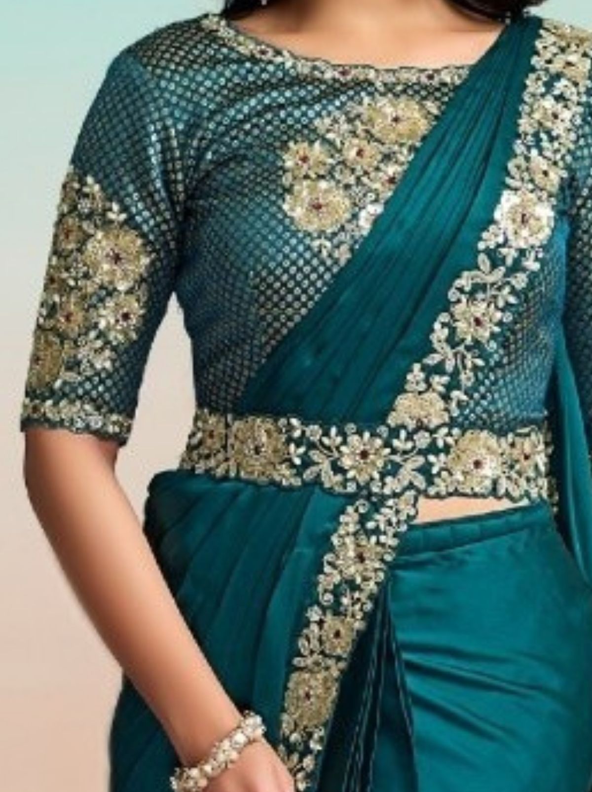 Teal Blue Premium Satin Silk Ready to Wear Saree with Belt