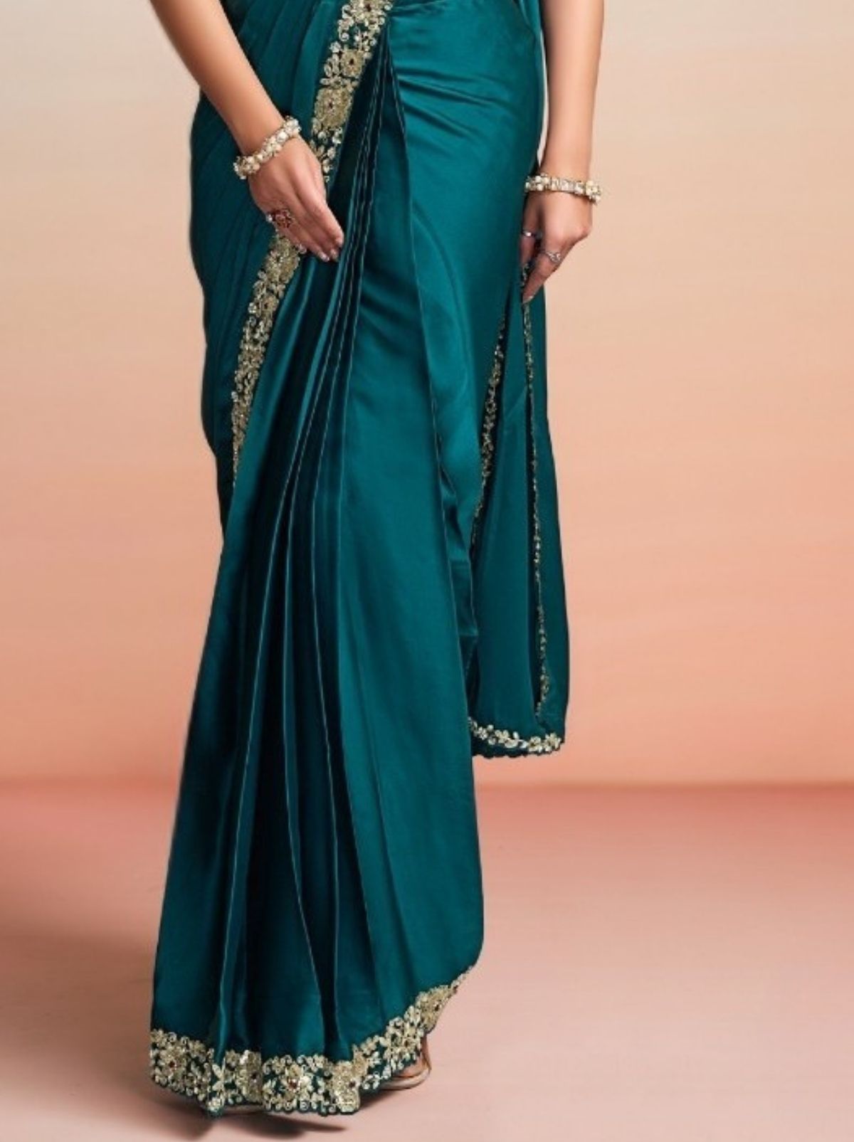 Teal Blue Premium Satin Silk Ready to Wear Saree with Belt