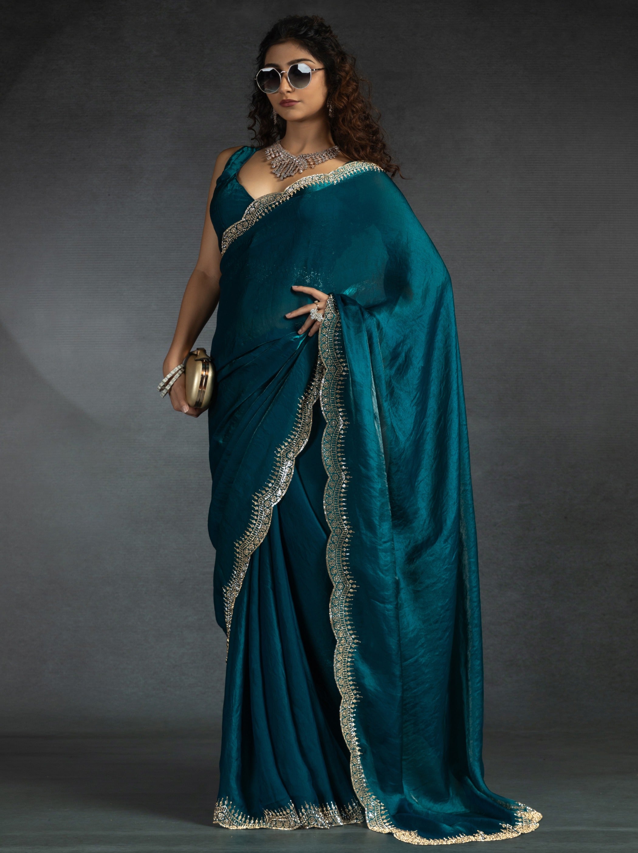 Indigo Blue Satin Silk Party Saree Embellished With Zircon Handwork On Border