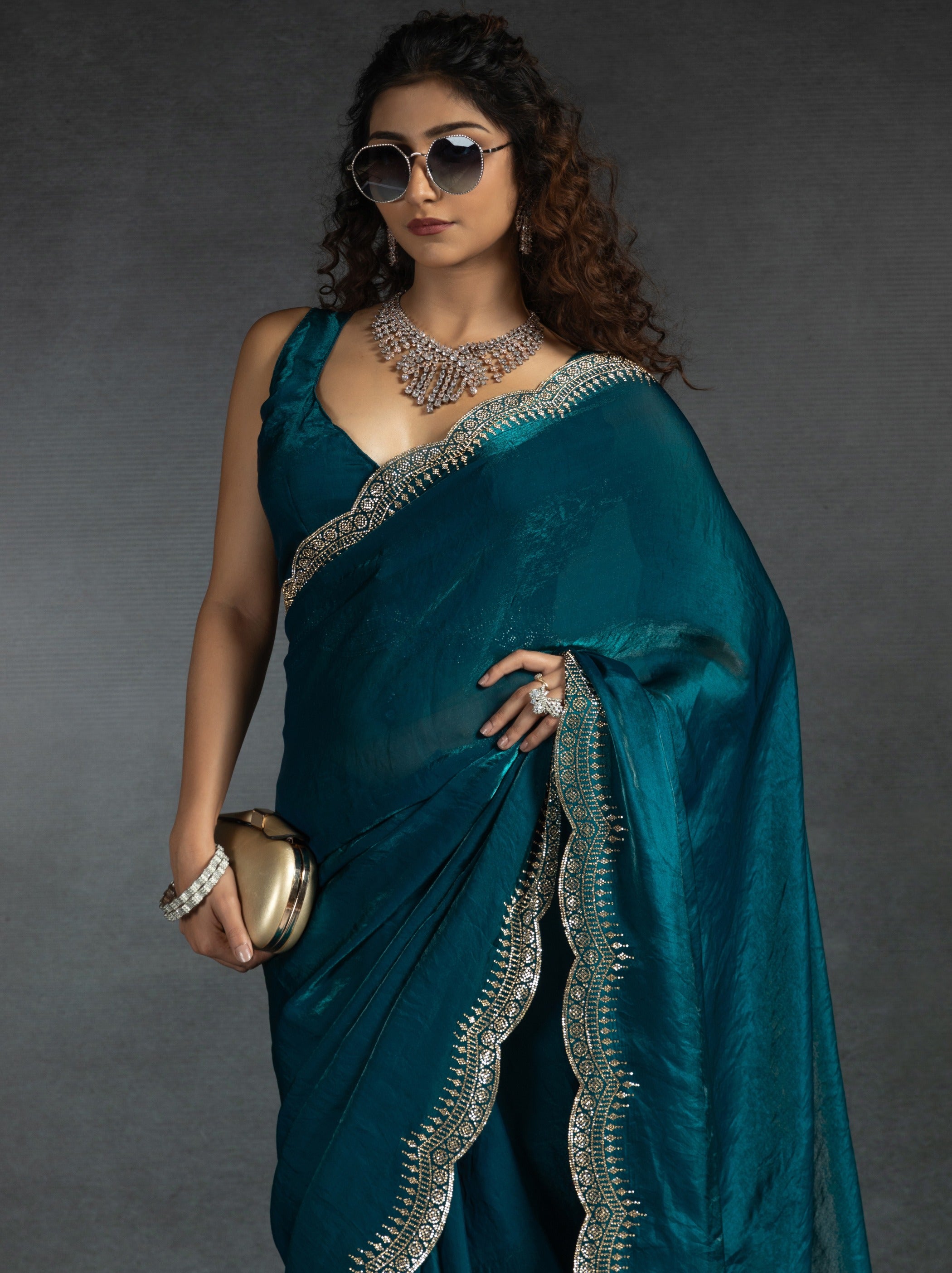 Indigo Blue Satin Silk Party Saree Embellished With Zircon Handwork On Border