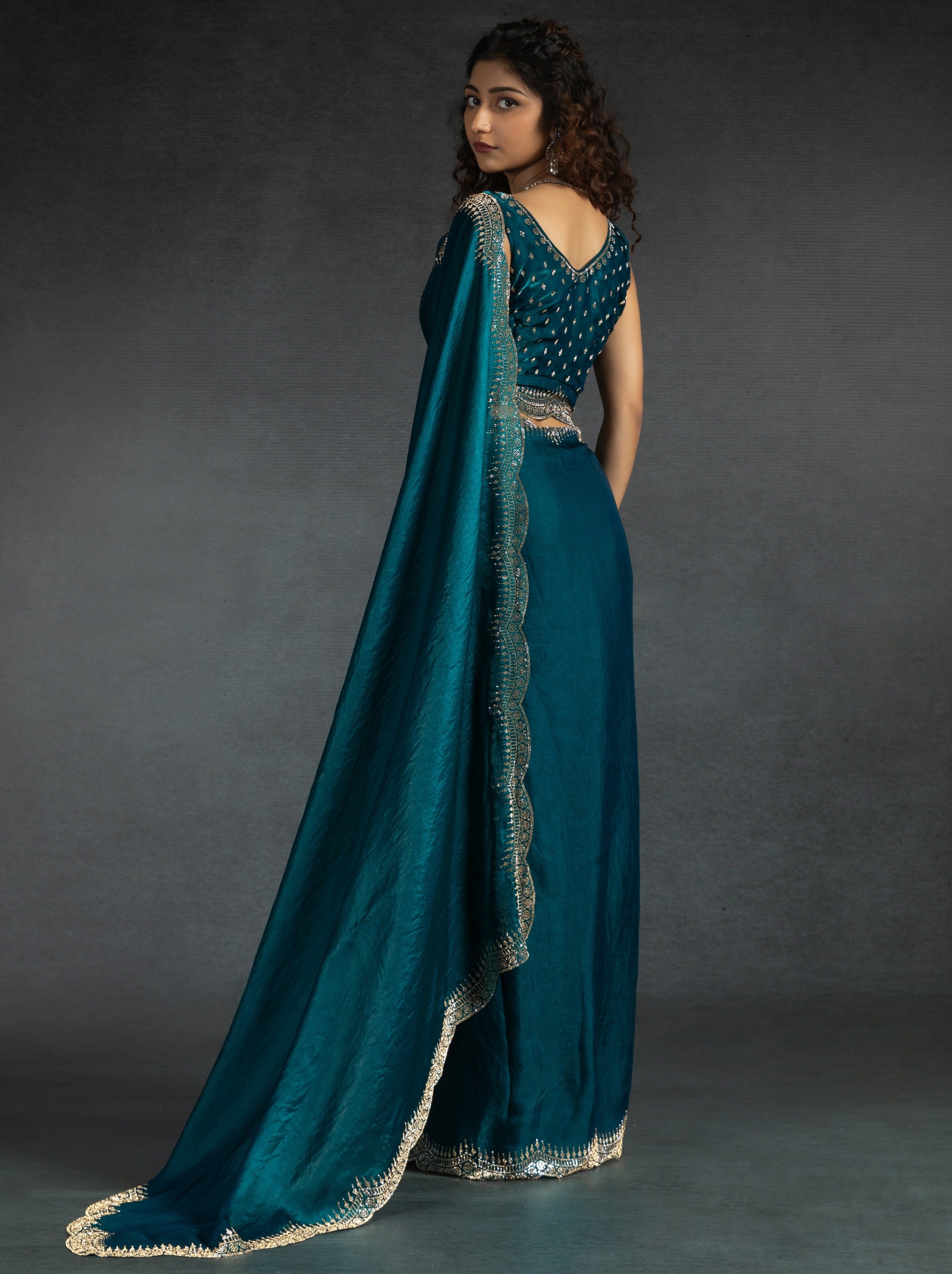 Indigo Blue Satin Silk Party Saree Embellished With Zircon Handwork On Border