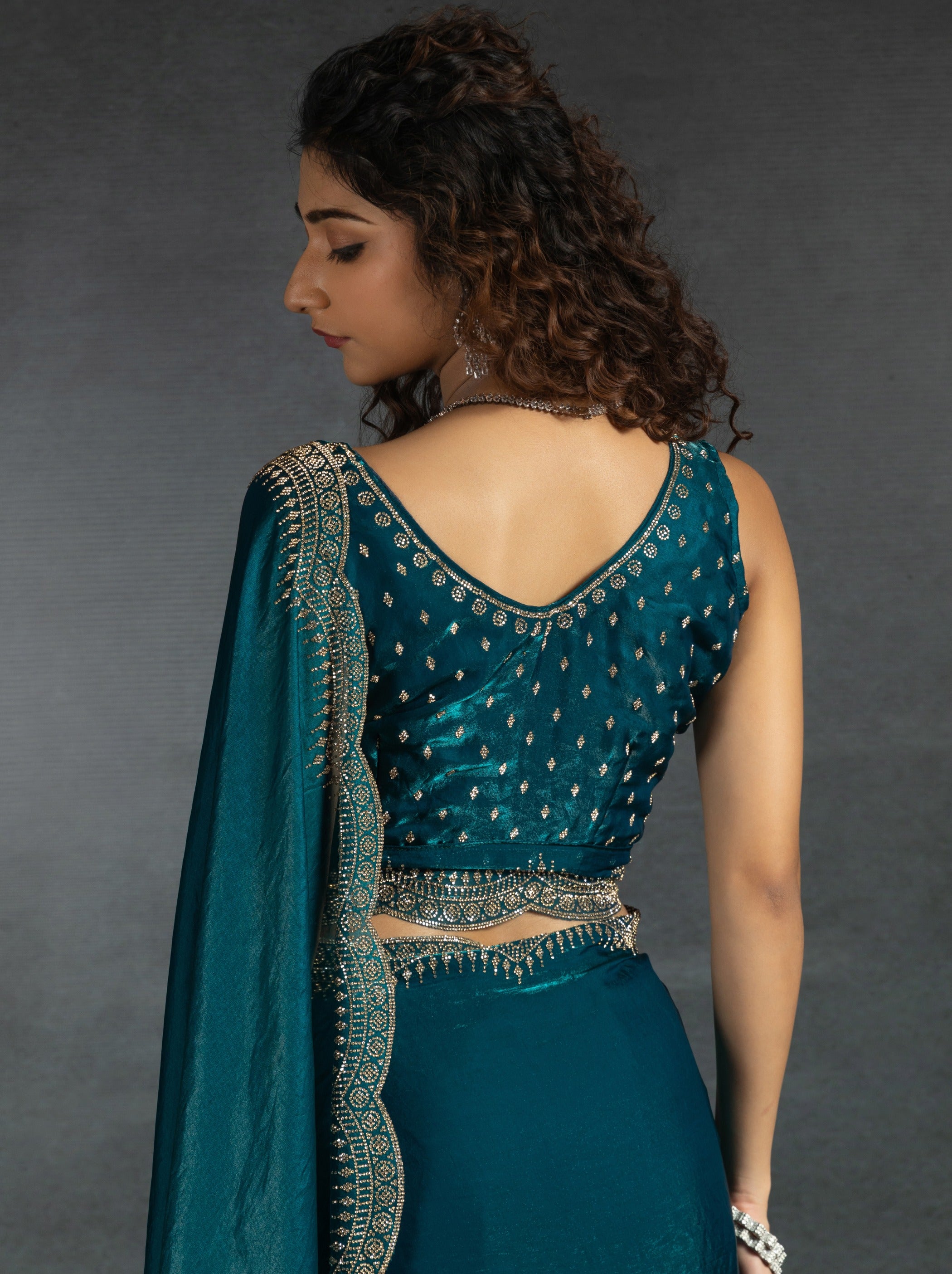 Indigo Blue Satin Silk Party Saree Embellished With Zircon Handwork On Border