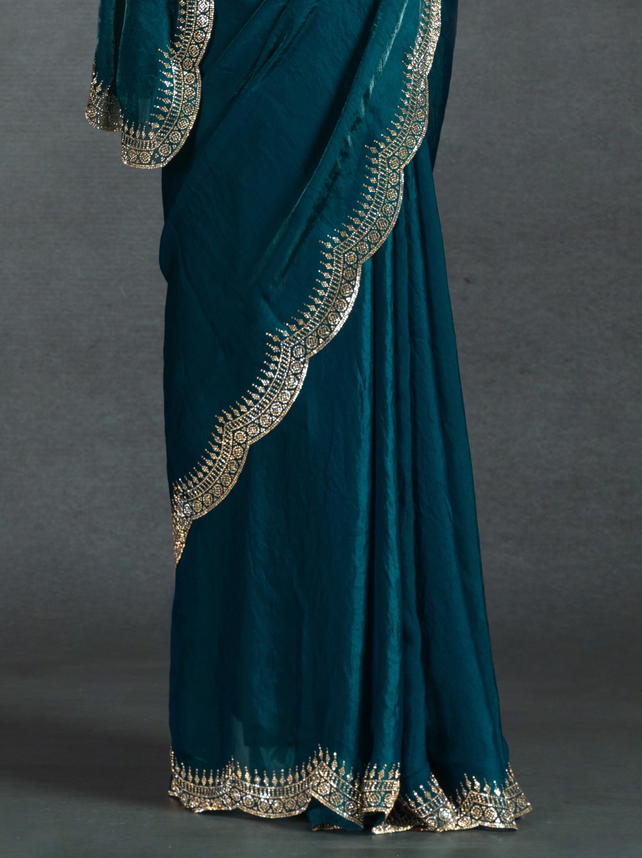 Indigo Blue Satin Silk Party Saree Embellished With Zircon Handwork On Border