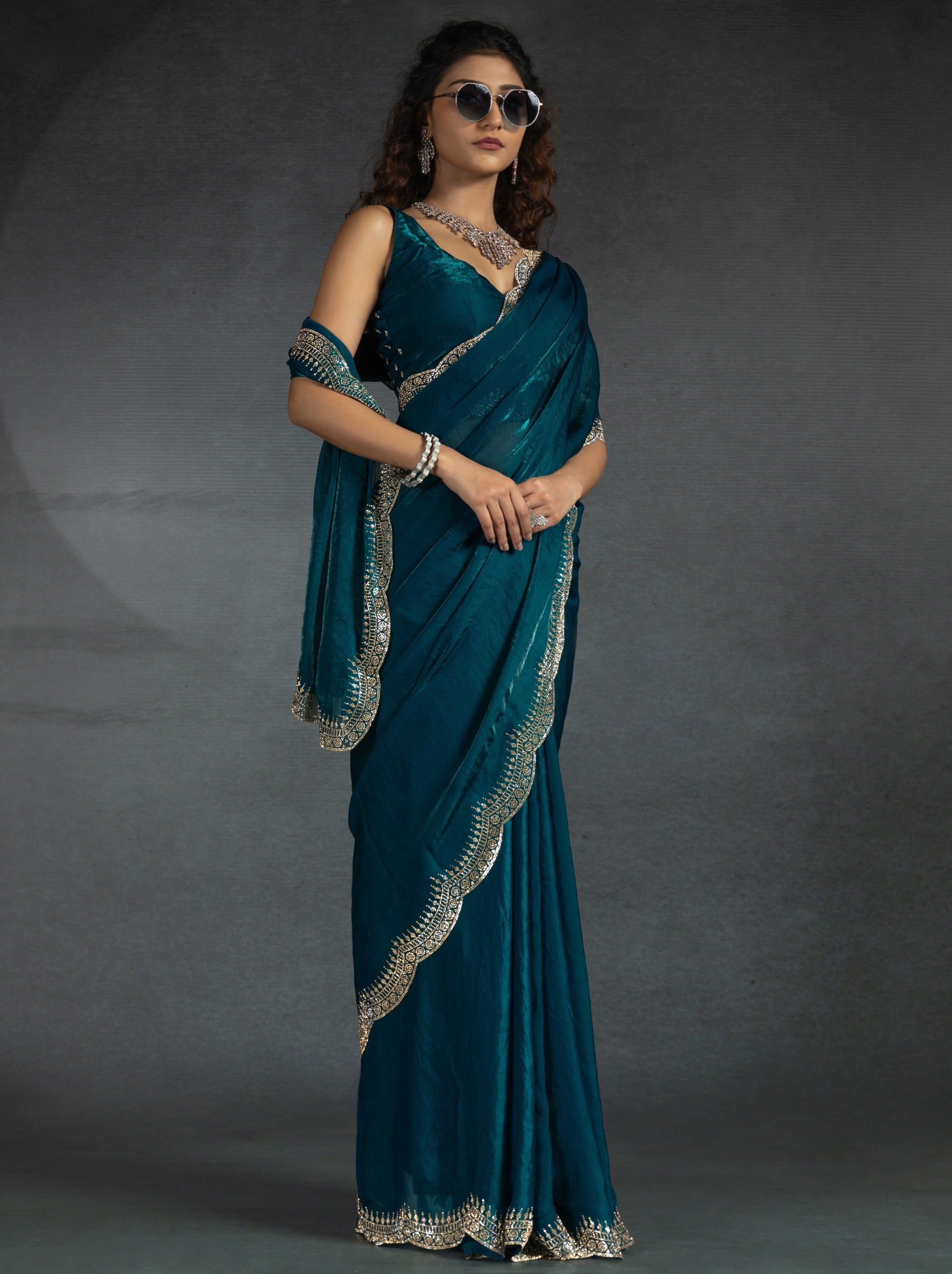 Indigo Blue Satin Silk Party Saree Embellished With Zircon Handwork On Border