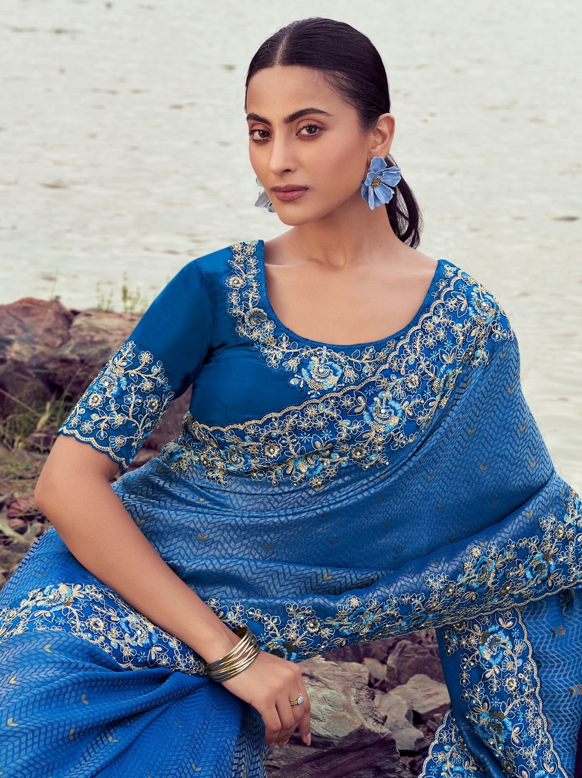 Sapphire Blue Premium Satin Silk Saree With Blouse Piece