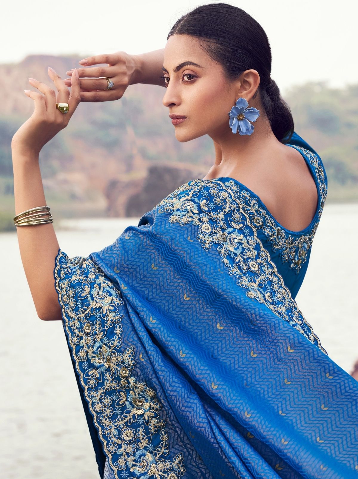 Sapphire Blue Premium Satin Silk Saree With Blouse Piece