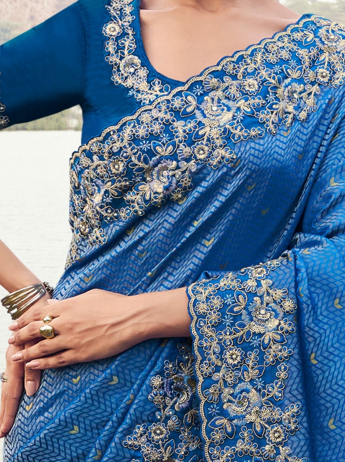 Sapphire Blue Premium Satin Silk Saree With Blouse Piece