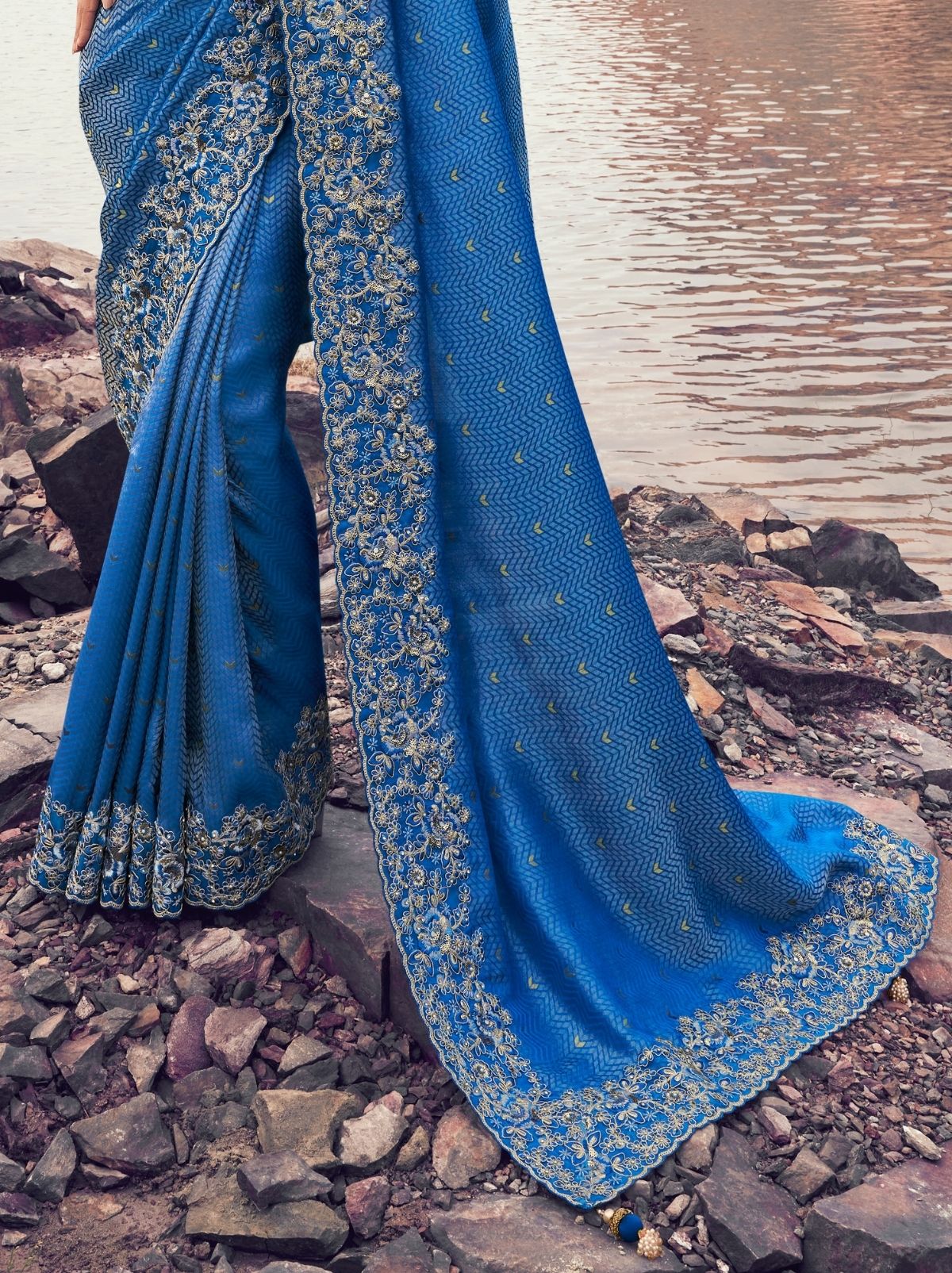 Sapphire Blue Premium Satin Silk Saree With Blouse Piece