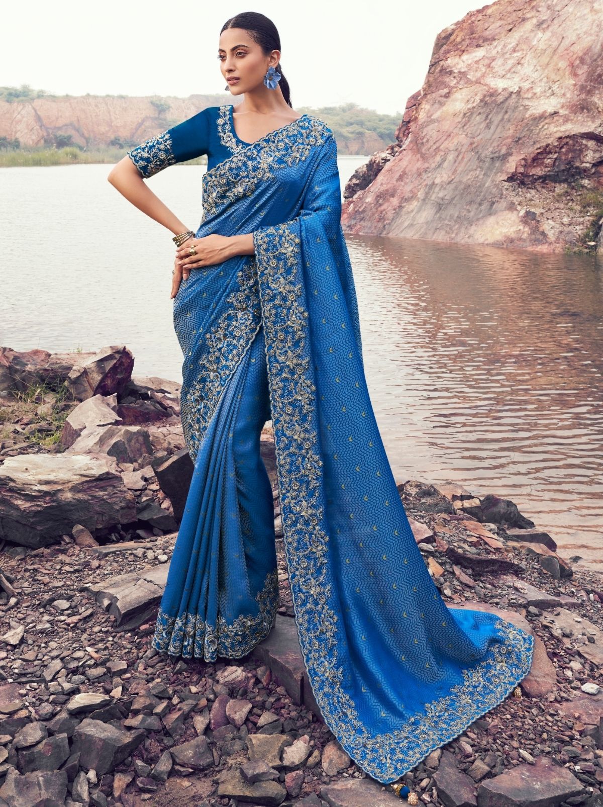 Sapphire Blue Premium Satin Silk Saree With Blouse Piece