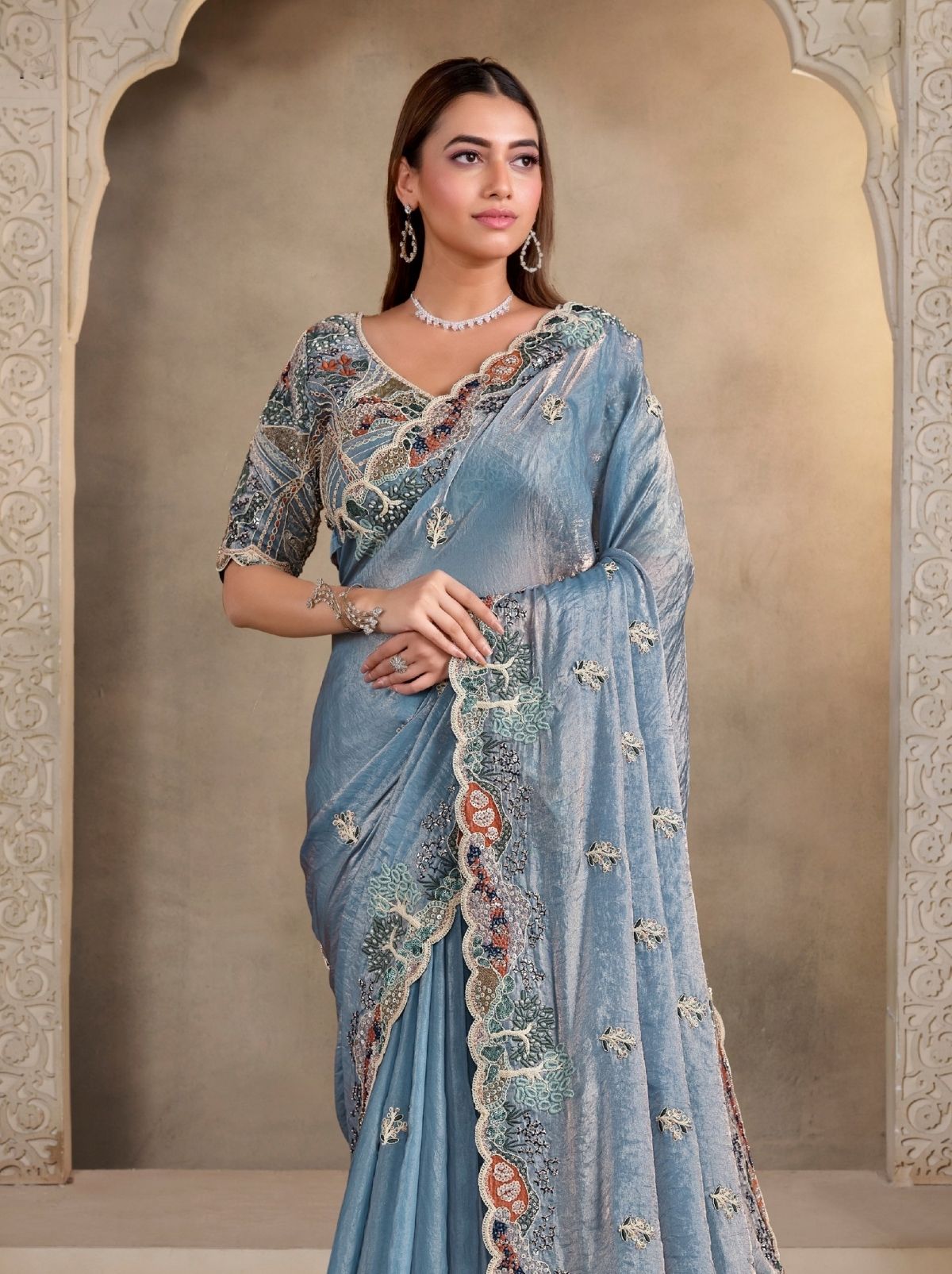 Steel Blue Premium Satin Silk Wedding Saree With Blouse Piece