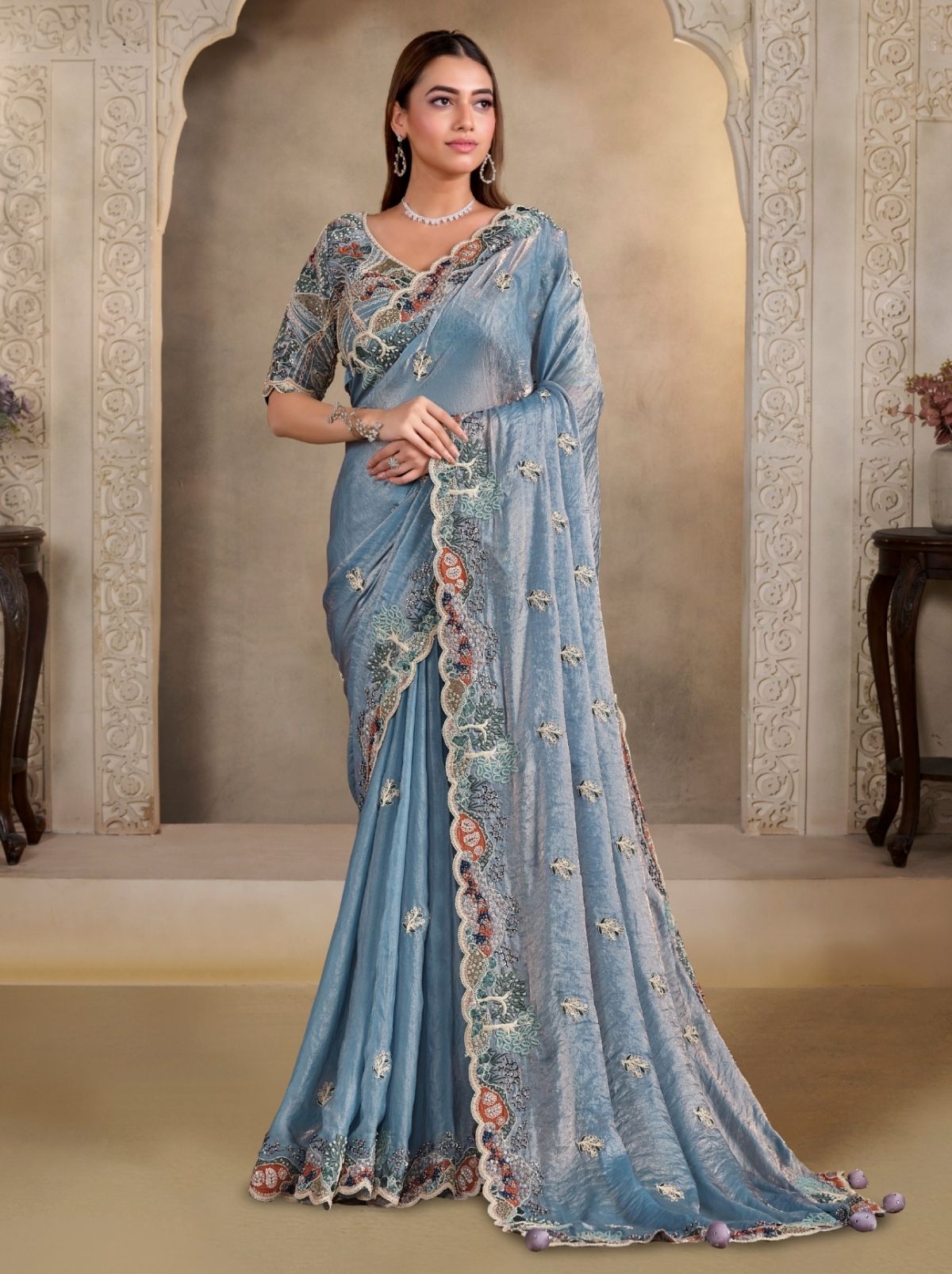Steel Blue Premium Satin Silk Wedding Saree With Blouse Piece