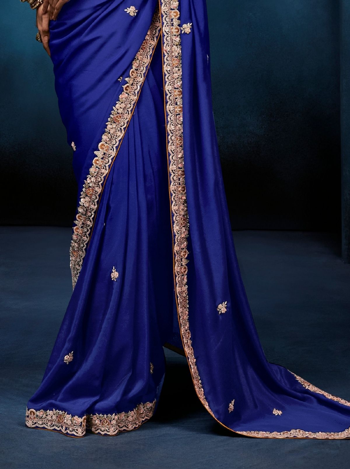 Navy Blue Premium Sequin Embellished Designer Saree With Blouse - TrendOye
