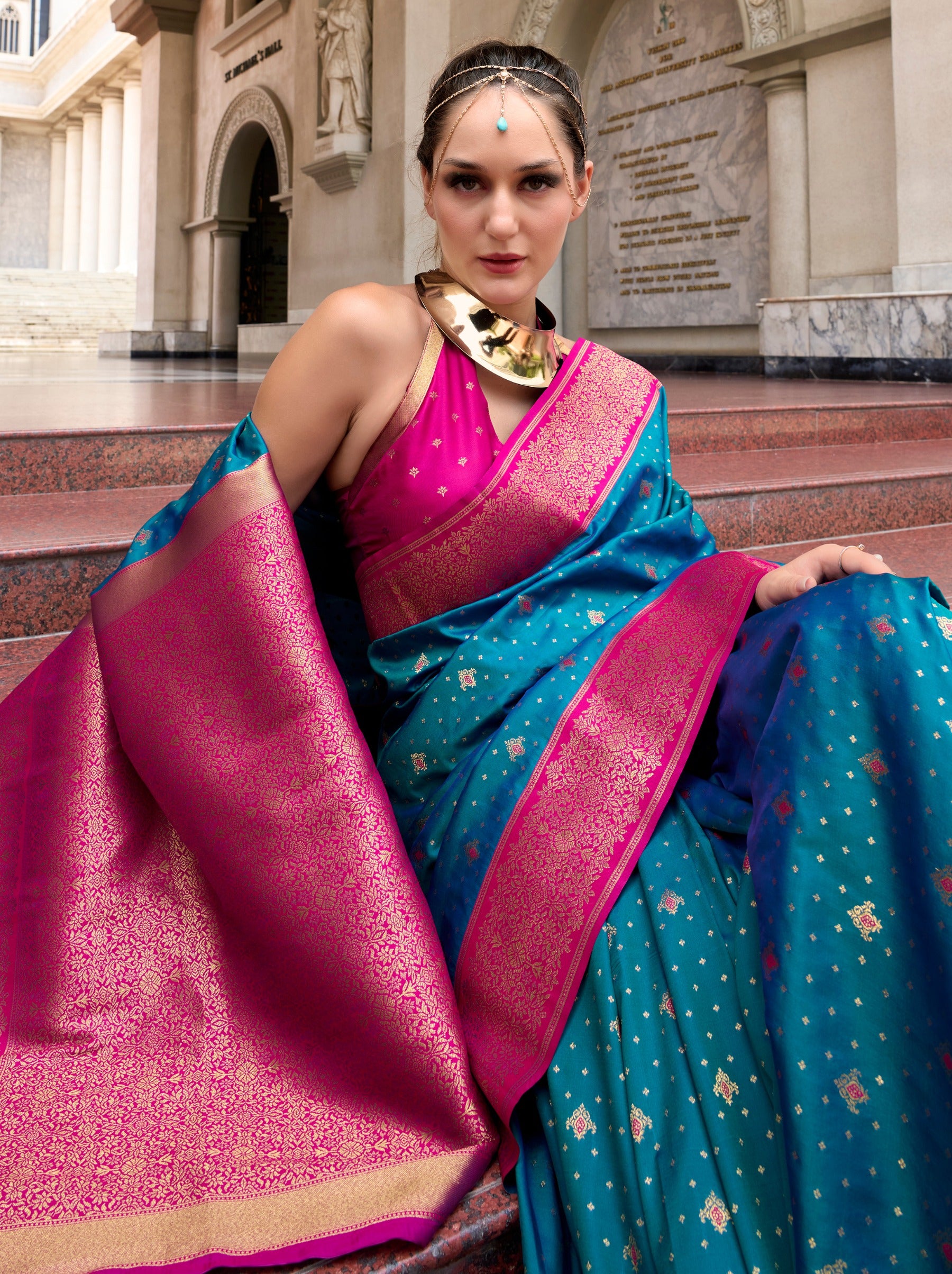 Prussian Blue Festive Saree - TrendOye