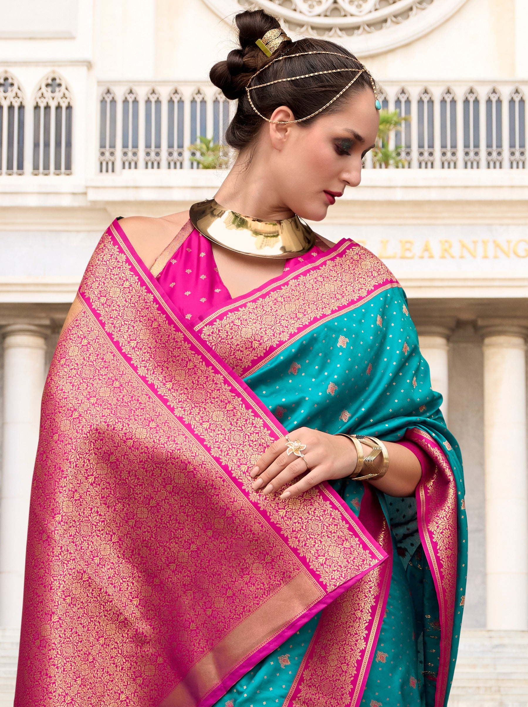 Yale Blue Green Festive Saree - TrendOye