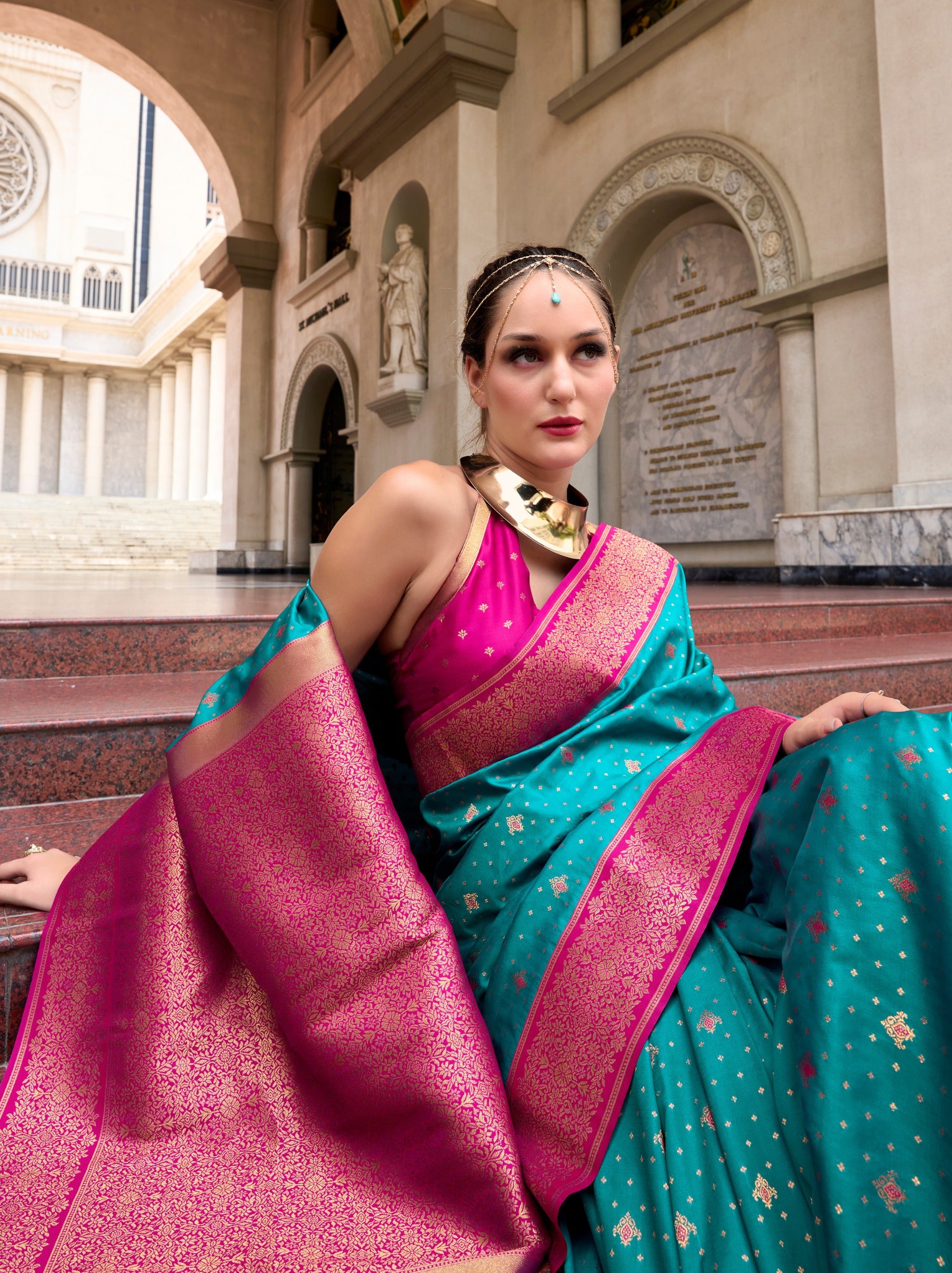 Yale Blue Green Festive Saree - TrendOye