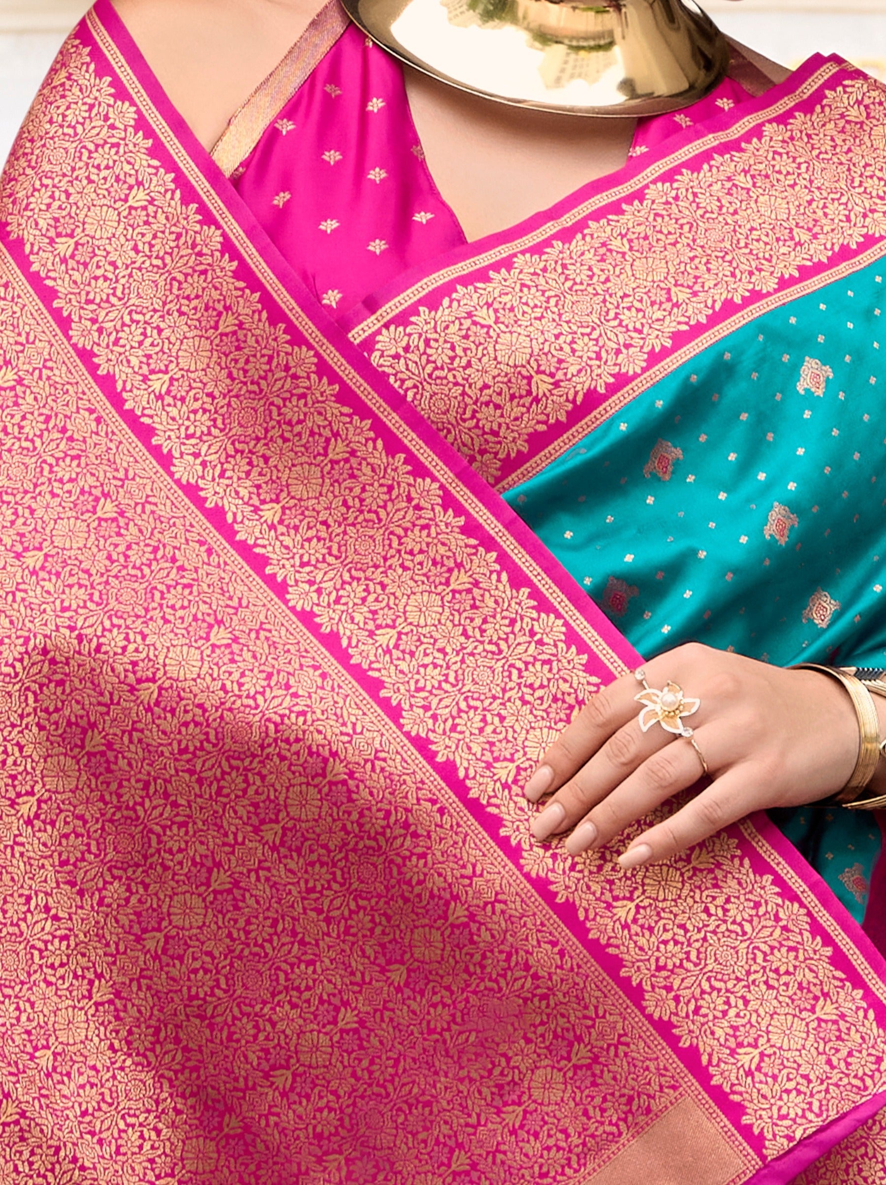 Yale Blue Green Festive Saree - TrendOye