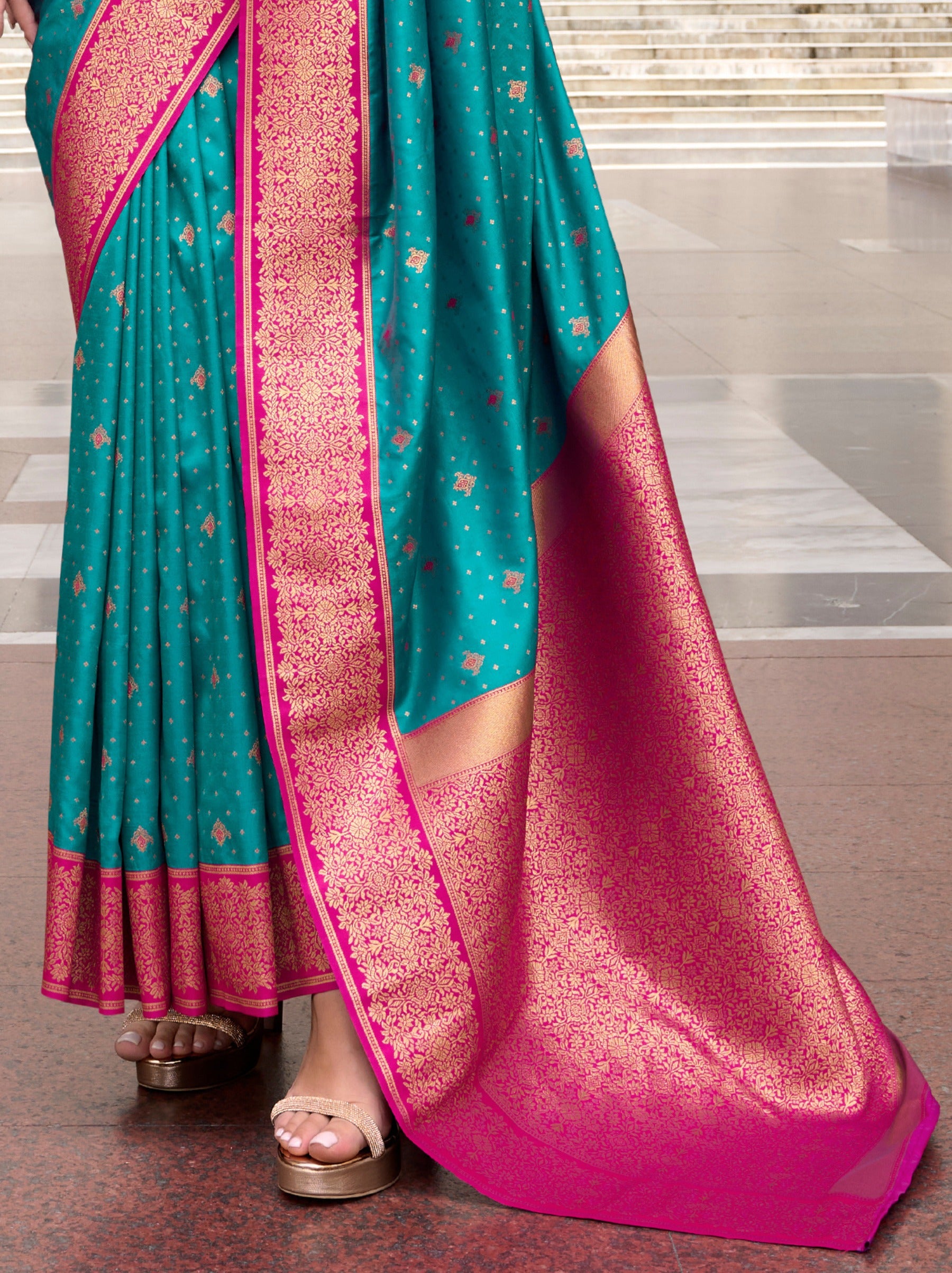 Yale Blue Green Festive Saree - TrendOye