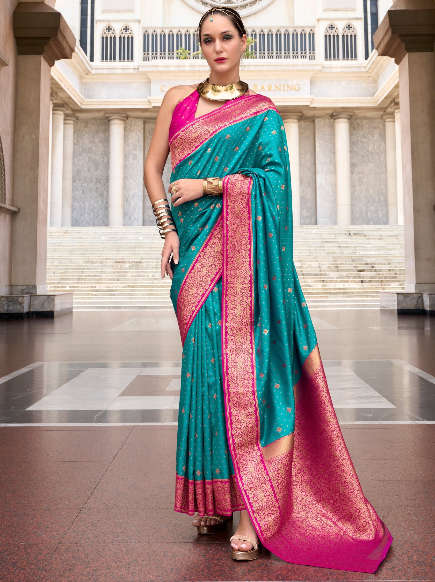 Yale Blue Green Festive Saree - TrendOye