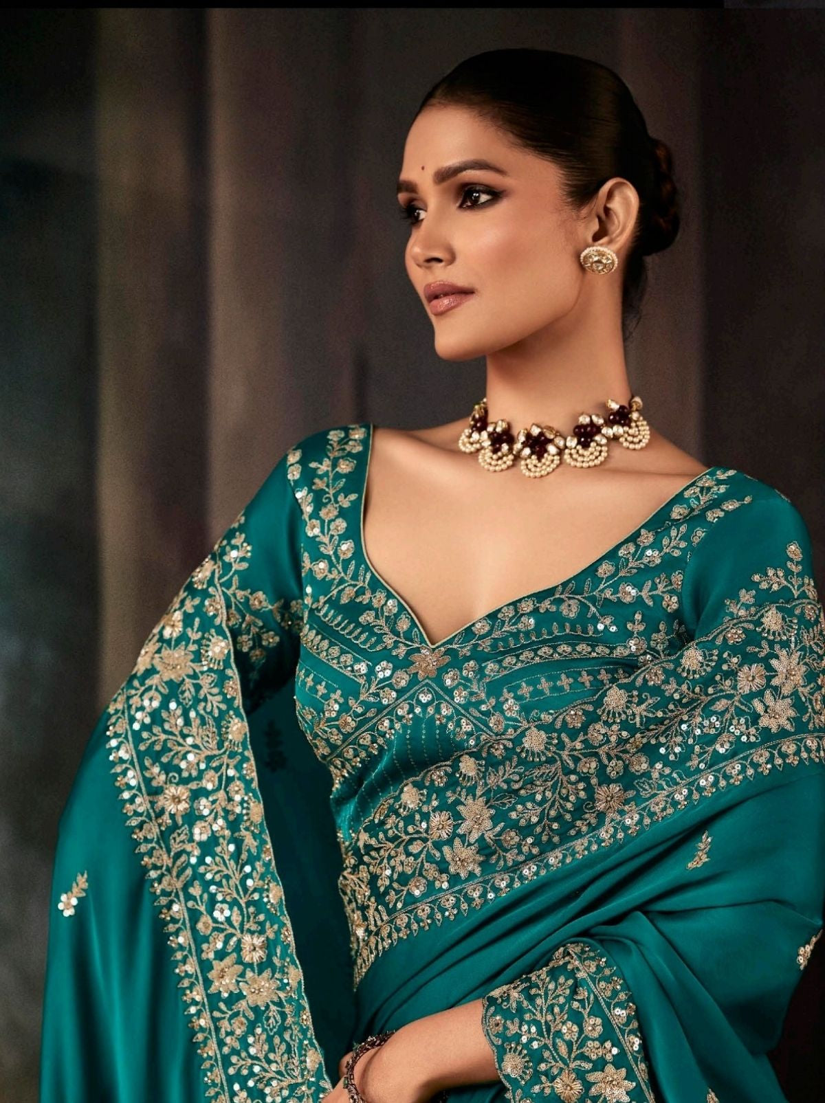 Teal Blue Premium Soft Satin Silk Saree With Sequin Work