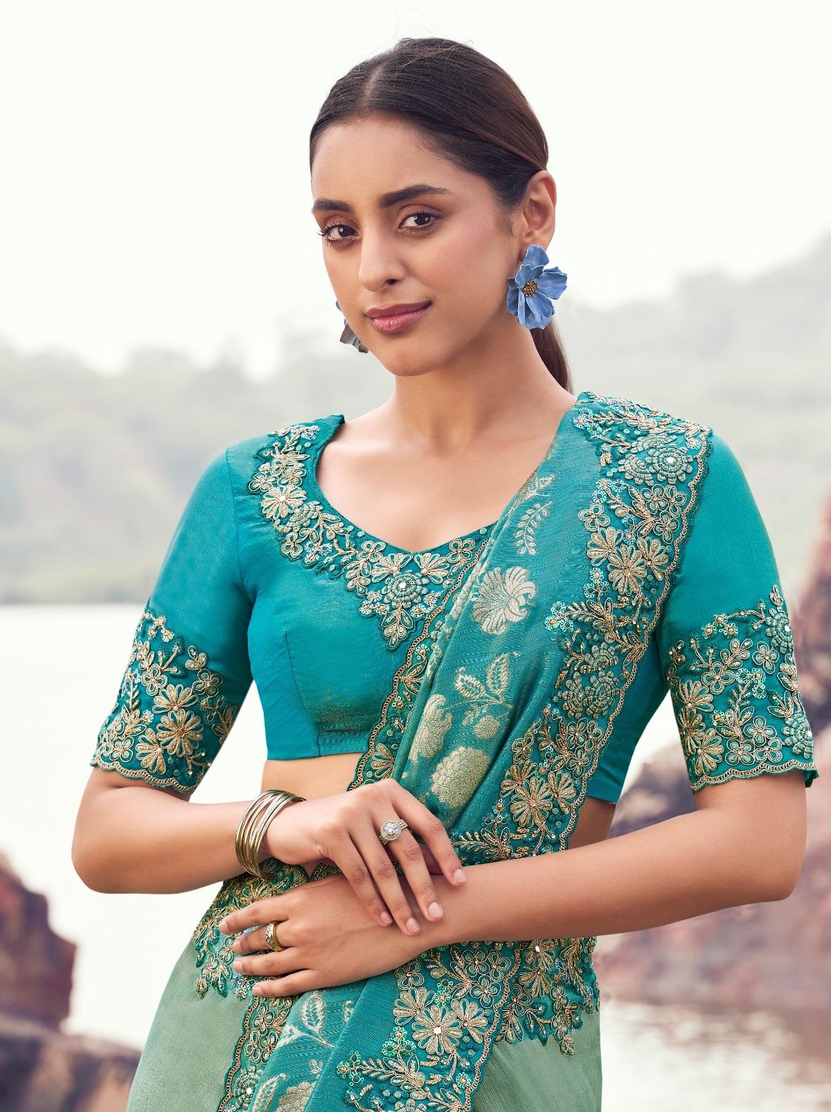 Turquoise Blue Premium Tissue Silk Saree With Blouse Piece