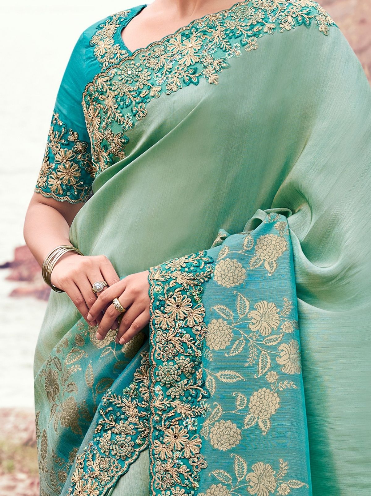 Turquoise Blue Premium Tissue Silk Saree With Blouse Piece