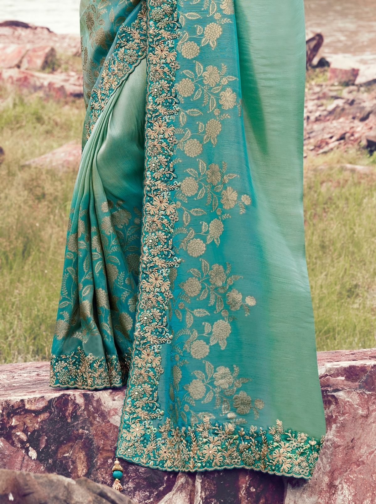 Turquoise Blue Premium Tissue Silk Saree With Blouse Piece