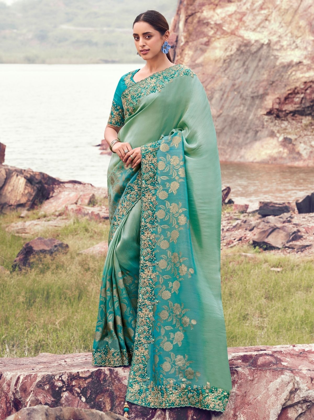 Turquoise Blue Premium Tissue Silk Saree With Blouse Piece