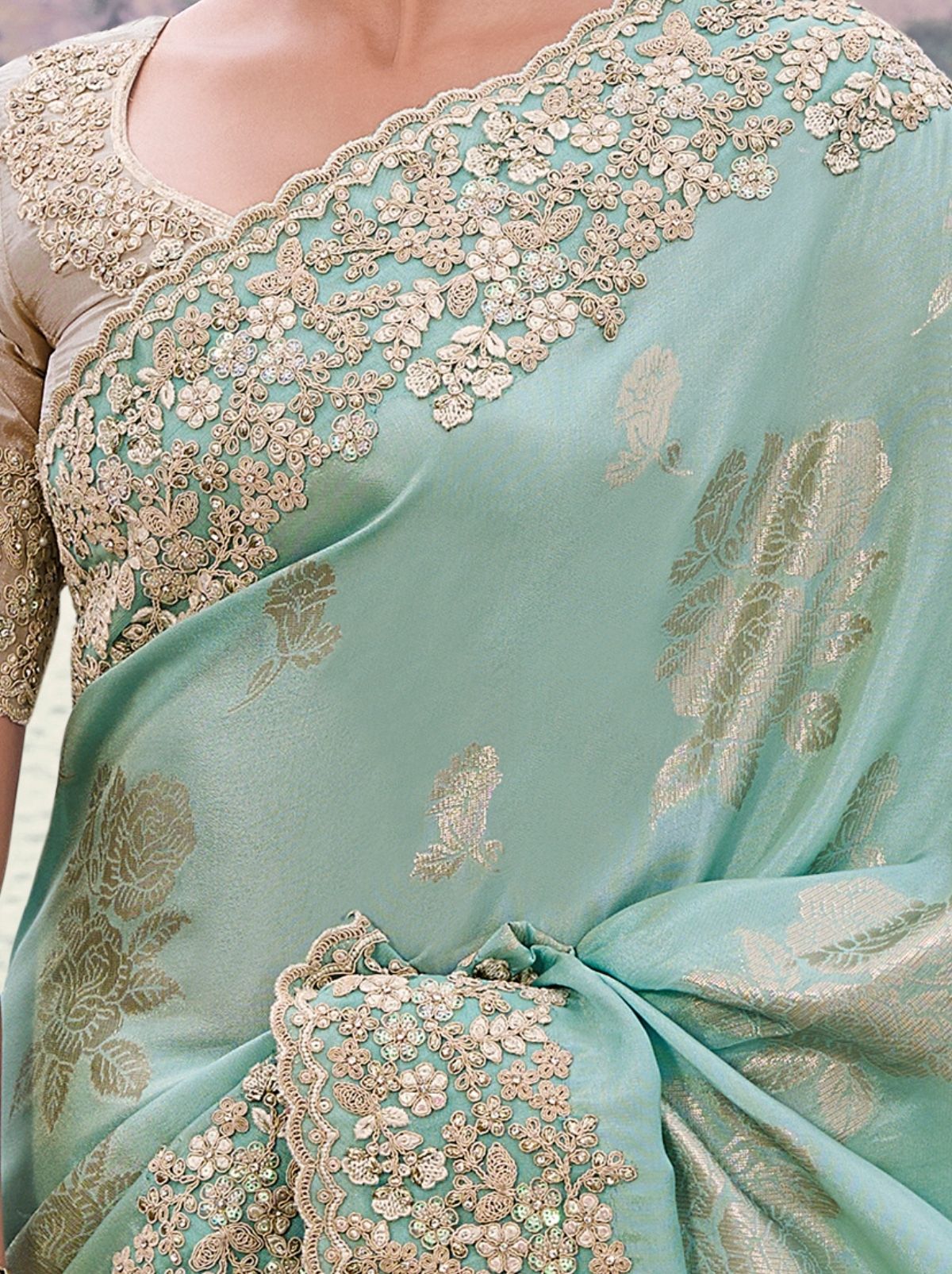 Powder Blue Premium Tissue Silk Saree With Blouse Piece