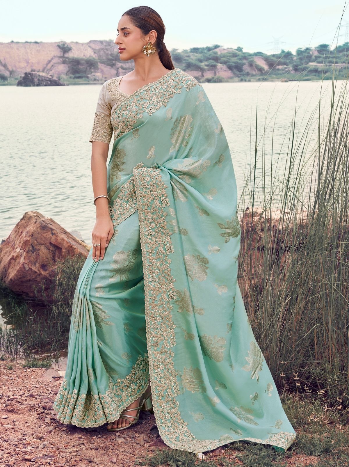 Powder Blue Premium Tissue Silk Saree With Blouse Piece