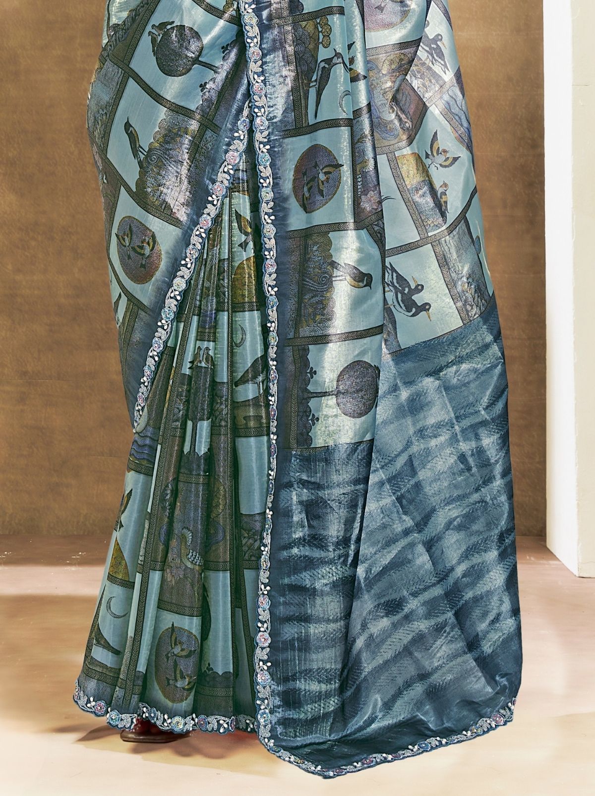 Steel Blue Premium Two Tone Paper Silk Saree WIth Blouse Piece - TrendOye