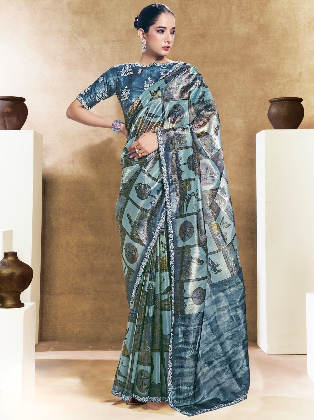 Steel Blue Premium Two Tone Paper Silk Saree WIth Blouse Piece - TrendOye