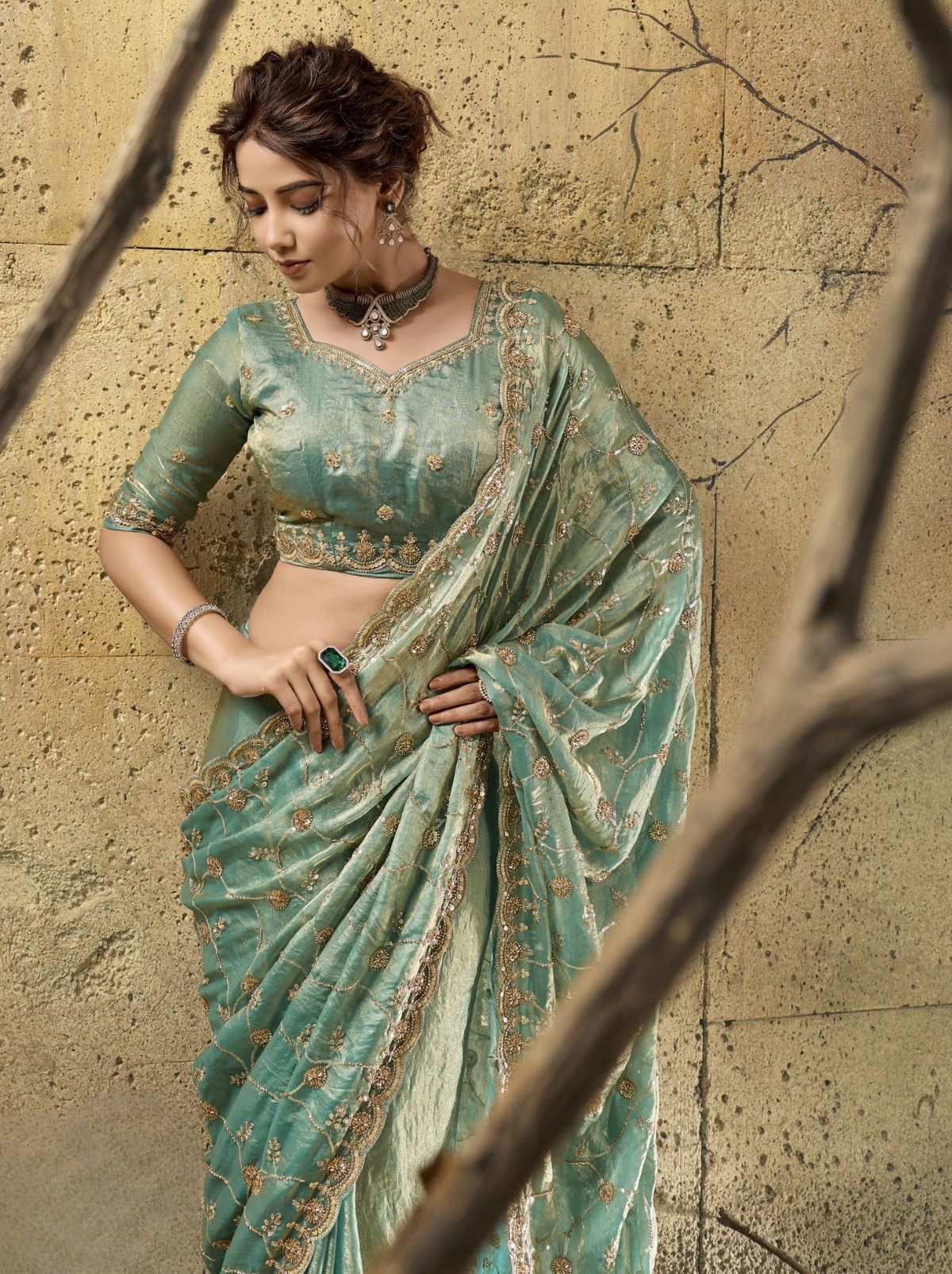 Teal Blue Premium Velvet Satin Saree With Sequin & Zari Work
