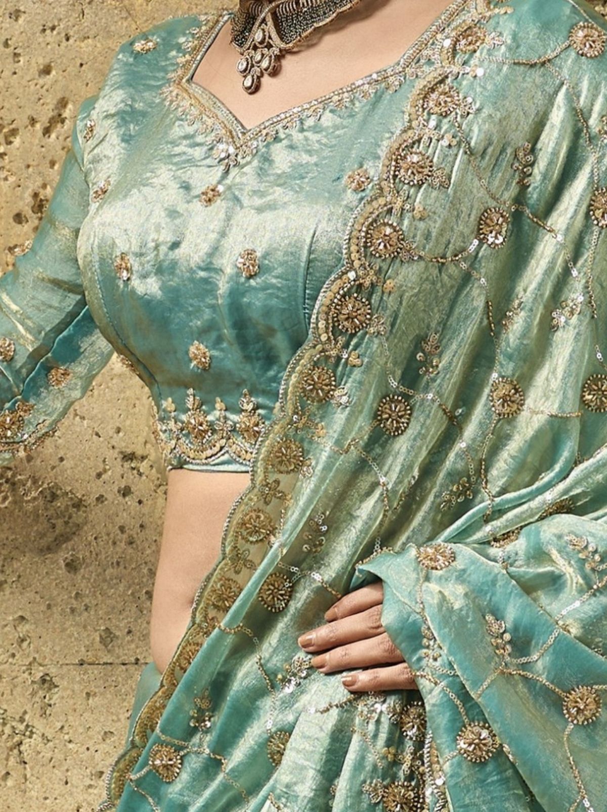Teal Blue Premium Velvet Satin Saree With Sequin & Zari Work